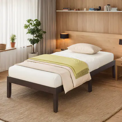 Front. Kadyn - Platform Bed Frame, Bedroom Bed Frame,14 Inch Twin Wood Platform Bed Frame with Wooden Slats Support-Espresso - Brown.