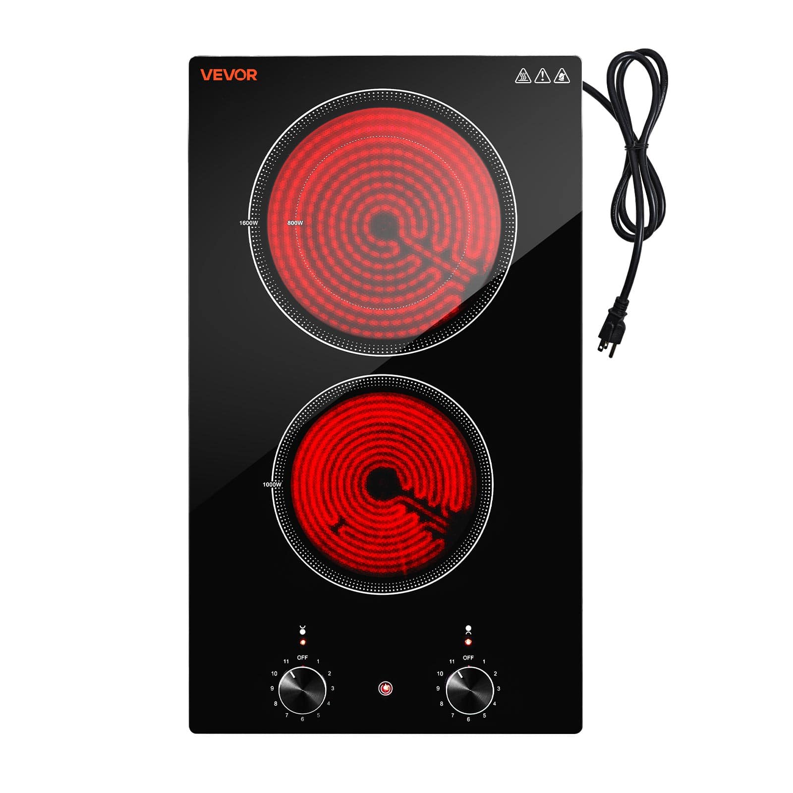 VEVOR - Electric Cooktop 12in 2 Burners Portable Stove Top 1800W 120V Plug In,Ceramic Countertop/Built-in Radiant Electric Stove - Black
