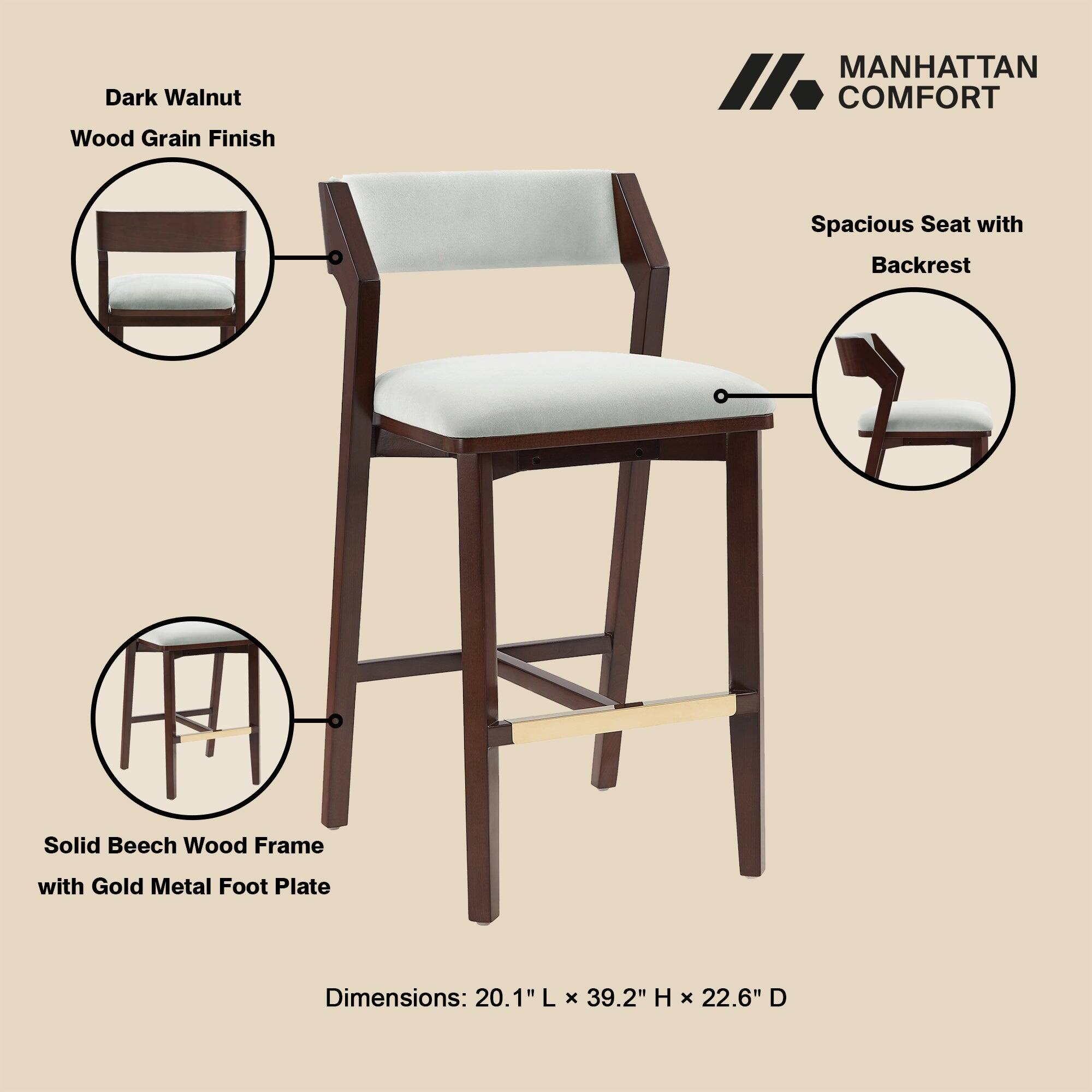 Dark Walnut Wood Grain Finish  
MANHATTAN COMFORT  
Spacious Seat with Backrest  
Solid Beech Wood Frame with Gold Metal Foot Plate  
Dimensions: 20.1"L x 39.2"H x 22.6"D