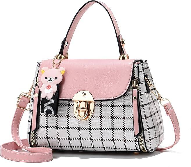 Front. Vulpecula Spade - Small Purses and Handbags for Women Fashion Teenage Girls Crossbody Bag Lightweight Shoulder Bag Plaid Pattern Satchel - Pink.