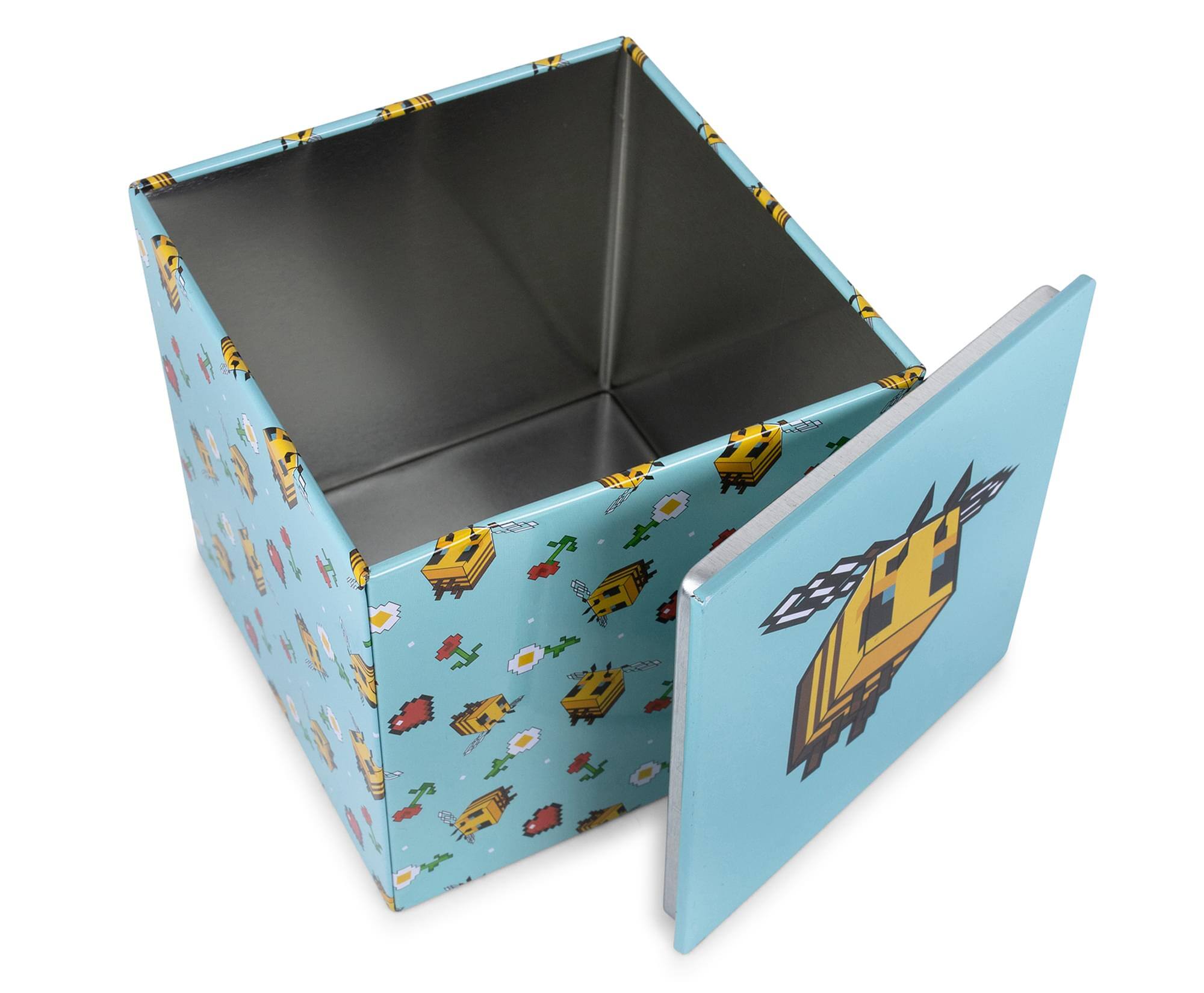 Alt View 1. Ukonic - Minecraft Bee Pattern Tin Storage Box Cube Organizer with Lid | 4 Inches - Yellow.