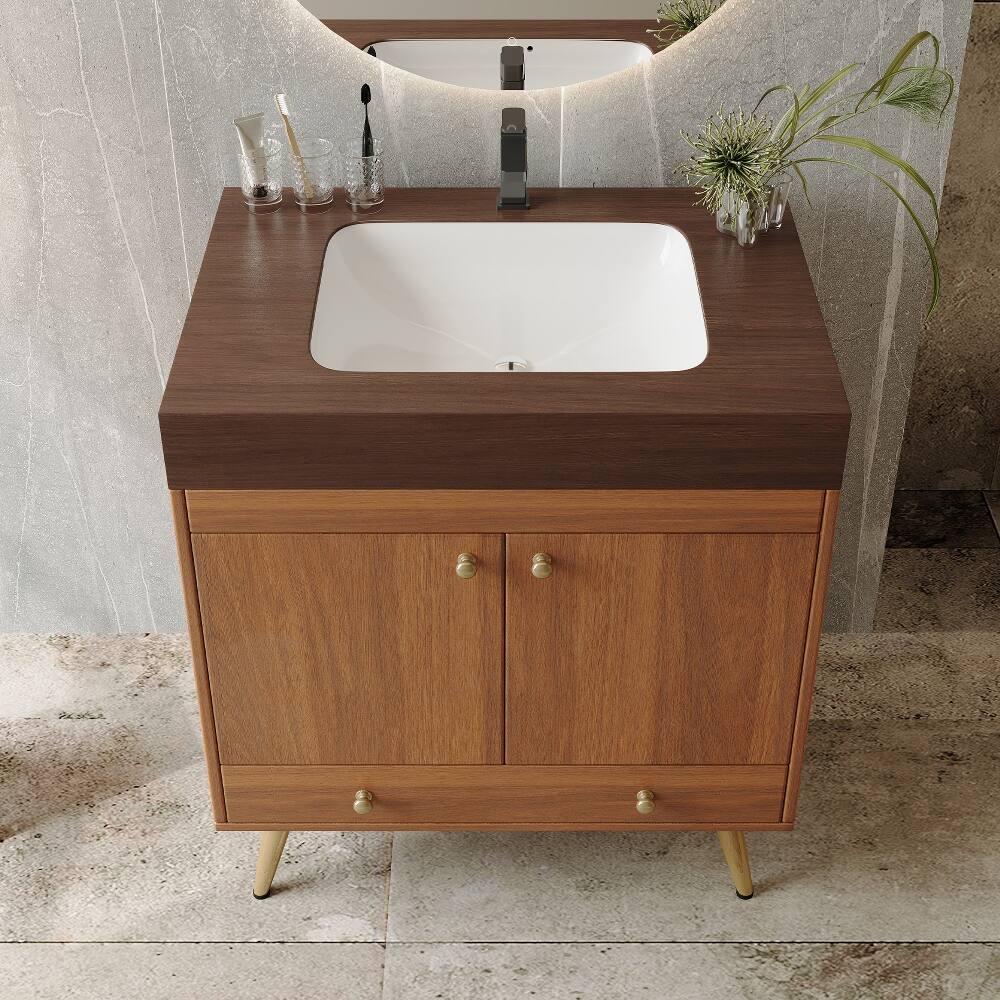 Back. Loheer - Loheer 30 inch freestanding bathroom vanity Walnut Faux Marble Top Ceramic Sink - Walnut.