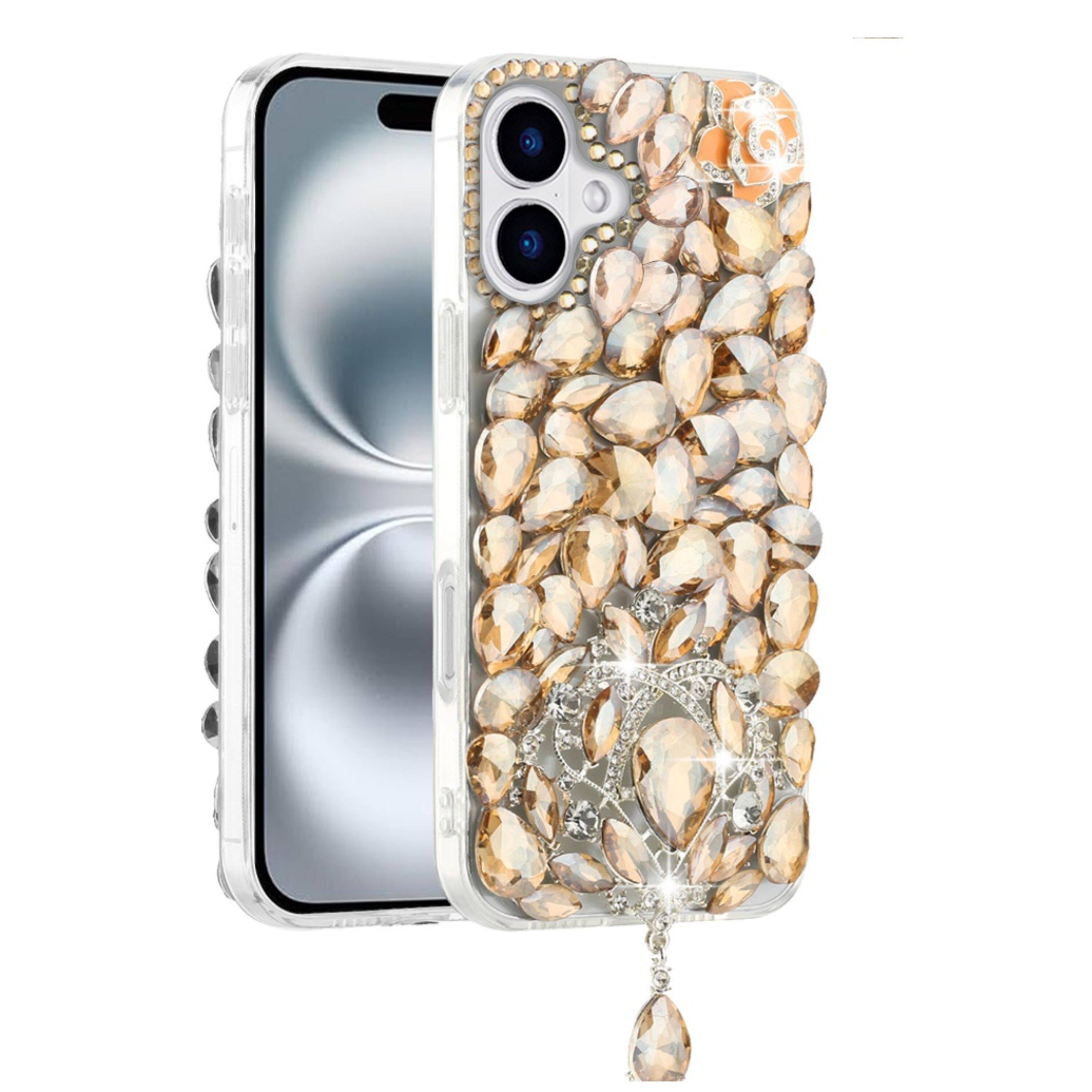 Front. Kitcheniva - Full Bling Large 3D Jewel Phone Case With Tempered Glass For iPhone 16 Gold - Gold.