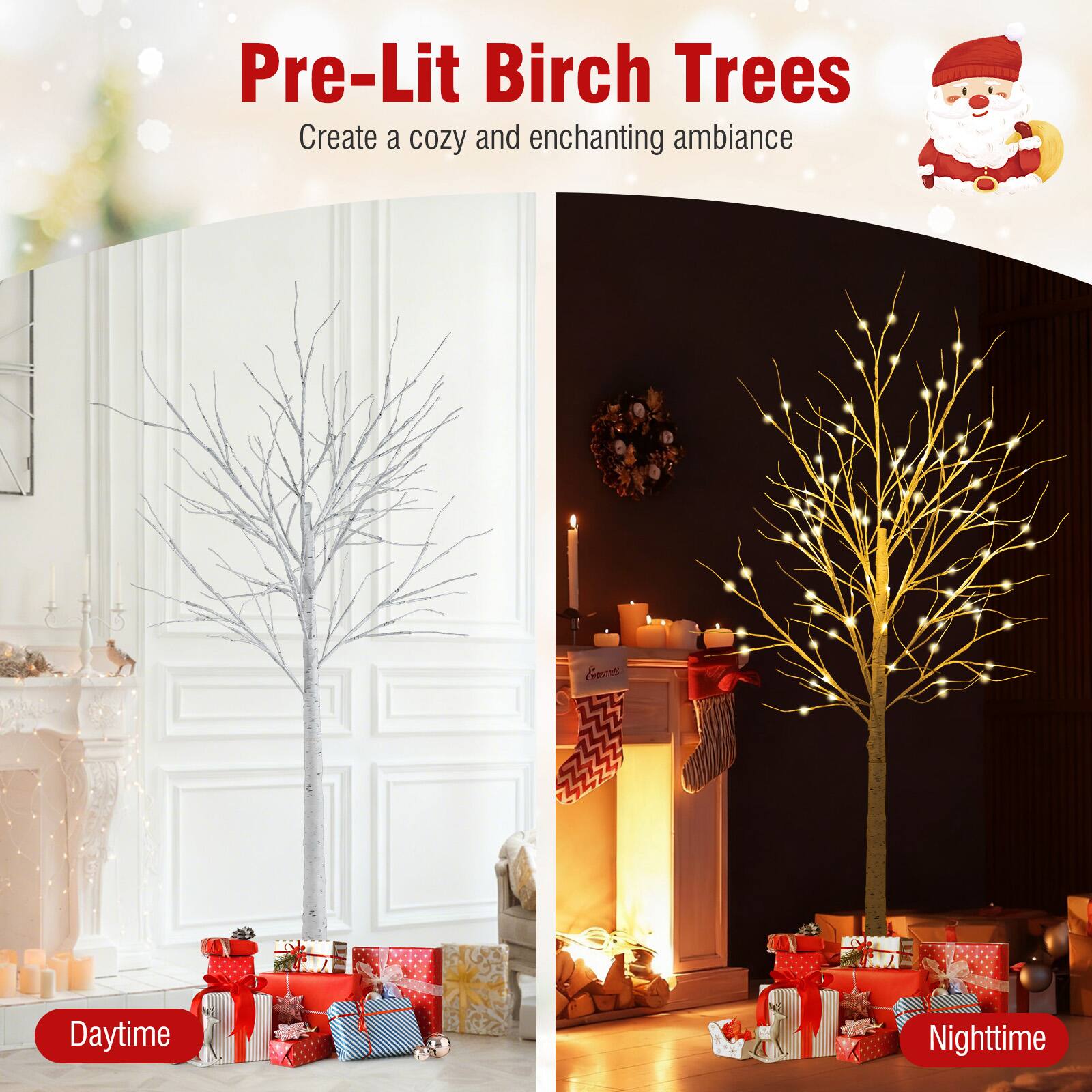 Pre-Lit Birch Trees  
Create a cozy and enchanting ambiance  

Daytime  

Nighttime