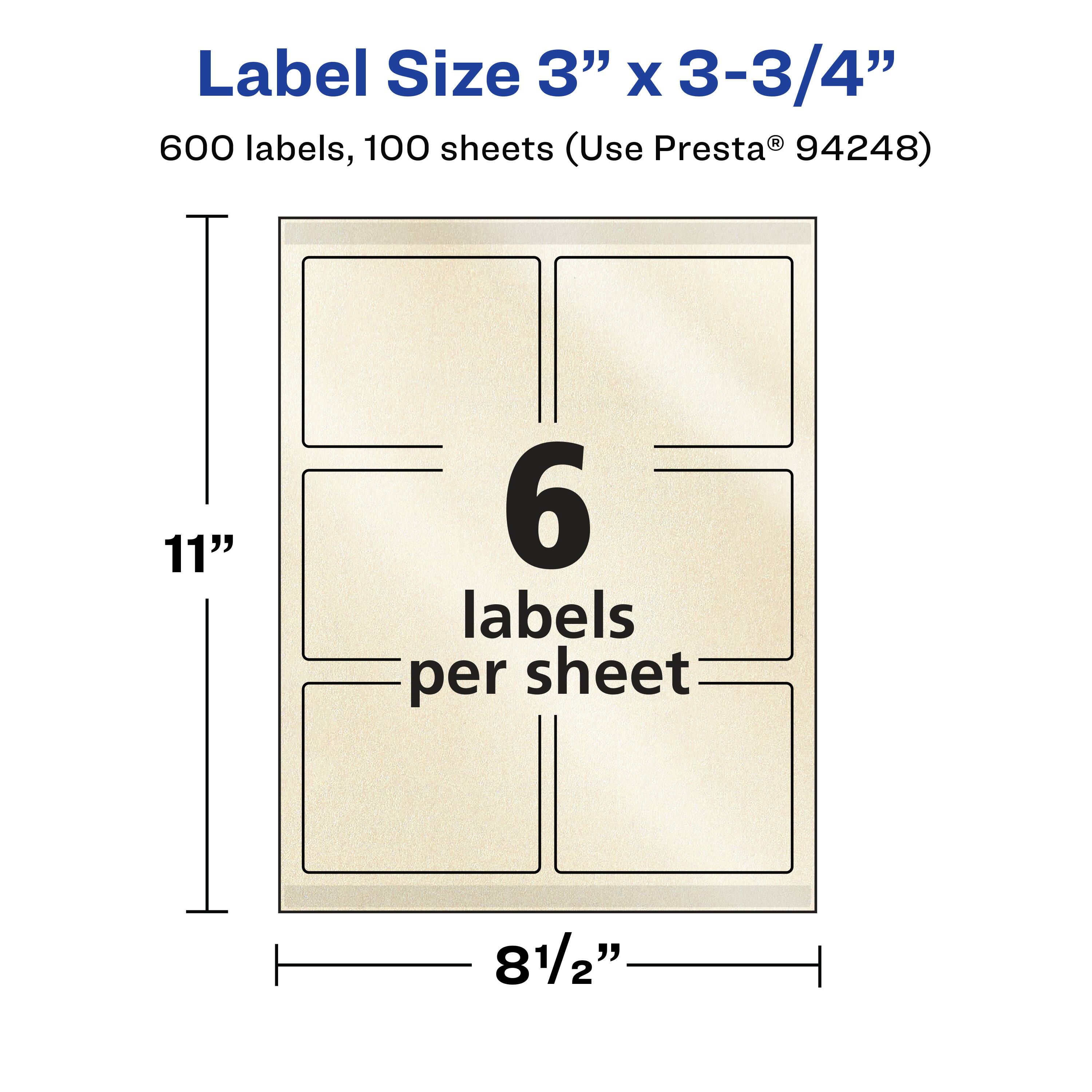 Label Size 3" x 3-3/4"  
600 labels, 100 sheets (Use Presta® 94248)  
11"  
6 labels per sheet  
8 1/2"