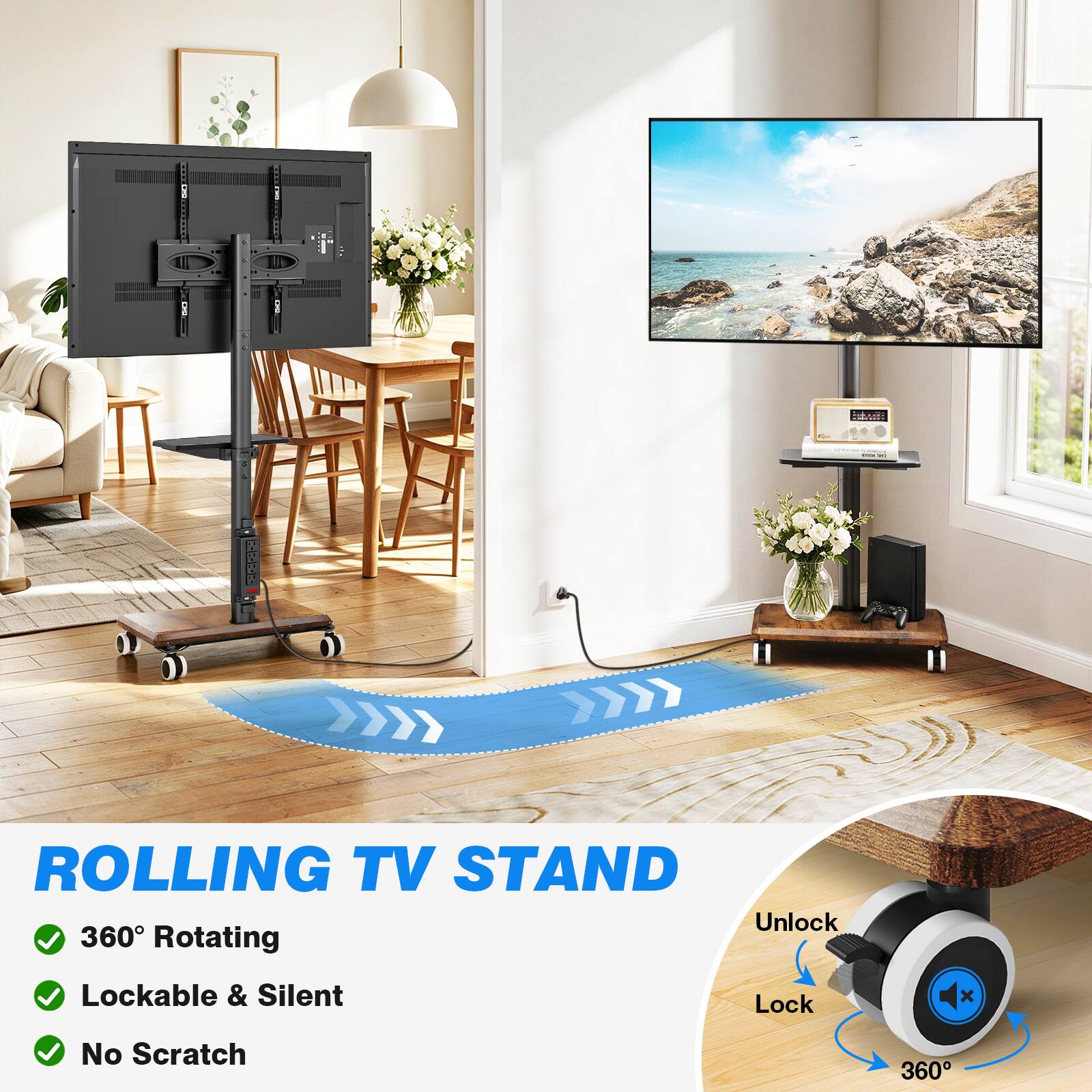 ROLLING TV STAND
- 271
Unlock 360 Rotating
Lockable & Silent
Lock
X
No Scratch
360