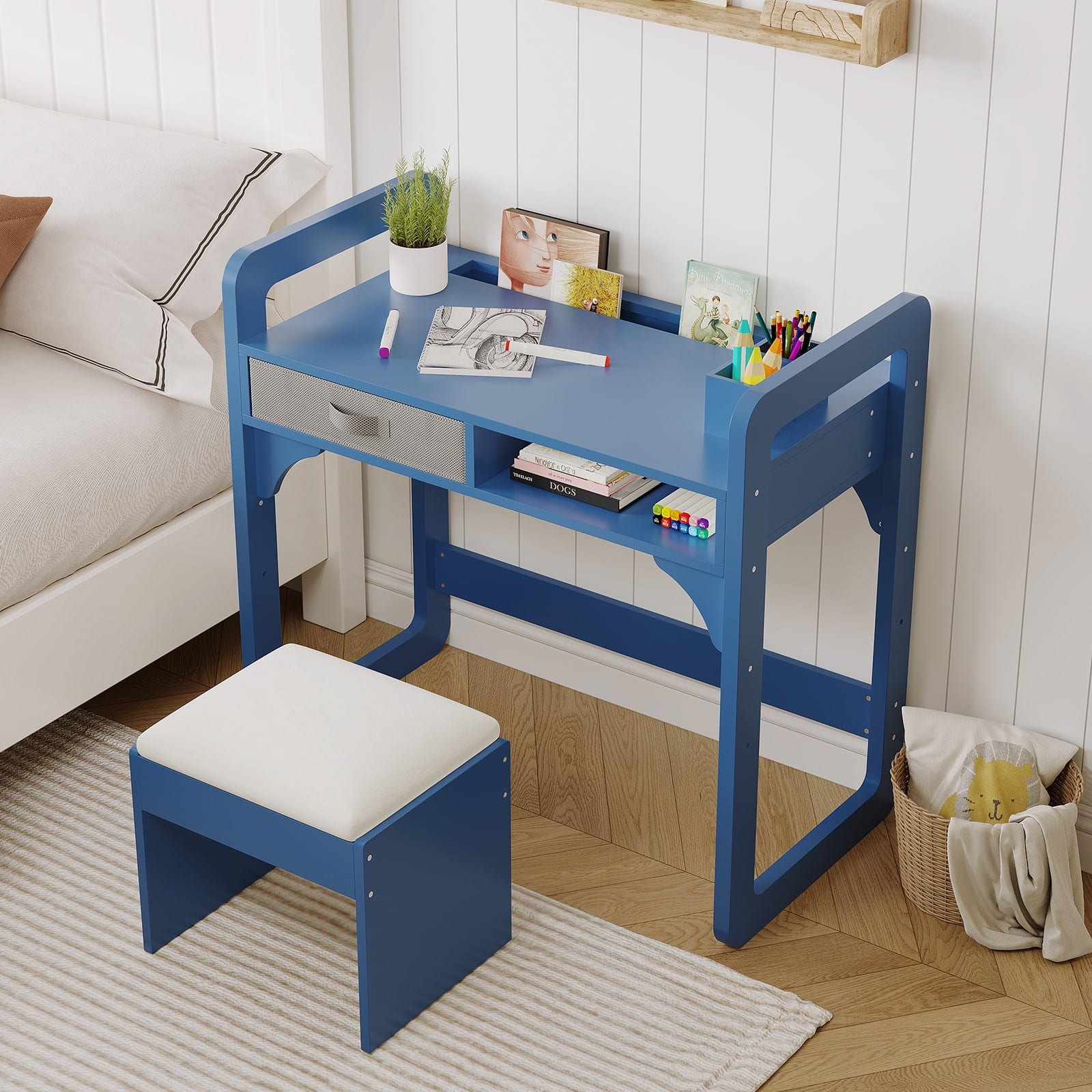 Electrodes Masters - Desk and Chair Set - Wooden Writing Table with Cloth Drawers and Pen Holder for Boys and Girls - Blue