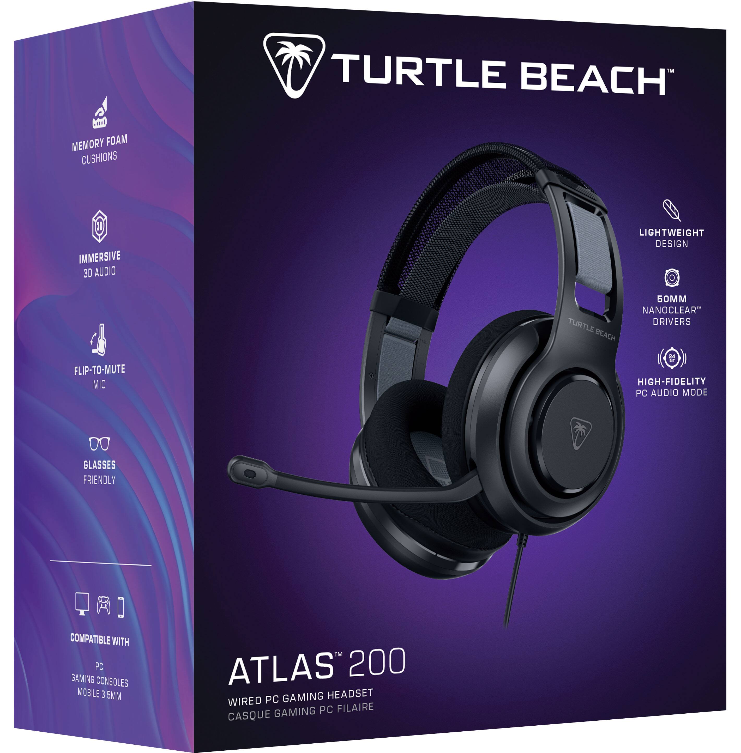 Here is the corrected and grouped text:

- **Turtle Beach Atlas 200**
- **Wired PC Gaming Headset**
- **Features:**
  - Memory Foam Cushions
  - Lightweight Design
  - Flip-to-Mute Mic
  - 50mm Nanoclear Drivers
  - High-Fidelity PC Audio
  - Immersive 3D Audio
  - Glasses Friendly
  - Compatible with PC Gaming Consoles and Mobile (2.5mm)
- **Design:**
  - 30mm Audio
  - Hi-Fidelity
- **Compatibility:**
  - PC Gaming Headset
  - Compatible with PC, Gaming Consoles, and Mobile (2.5mm)