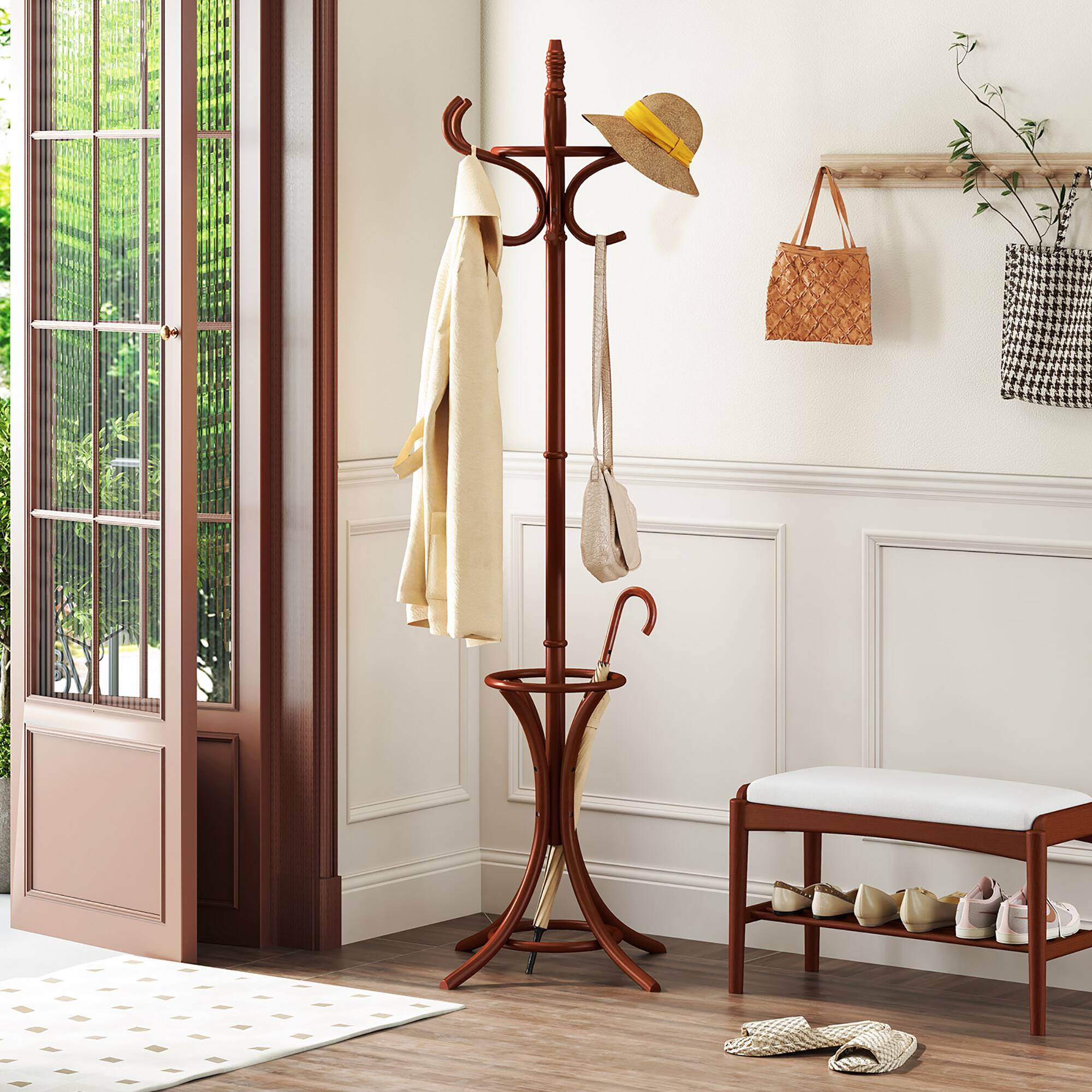 Gymax Coat Rack w/ Umbrella Holder 73'' Freestanding Coat Hanger