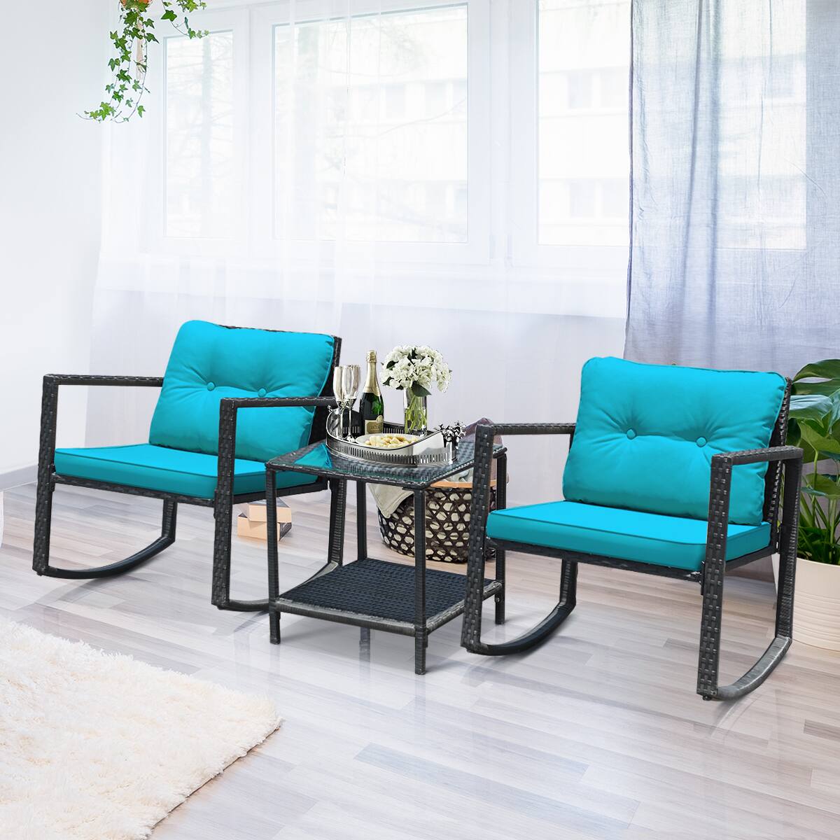 Alt View 3. Costway - 3PCS Patio Rattan Furniture Set Rocking Chairs Cushioned Conversation Set - Blue.