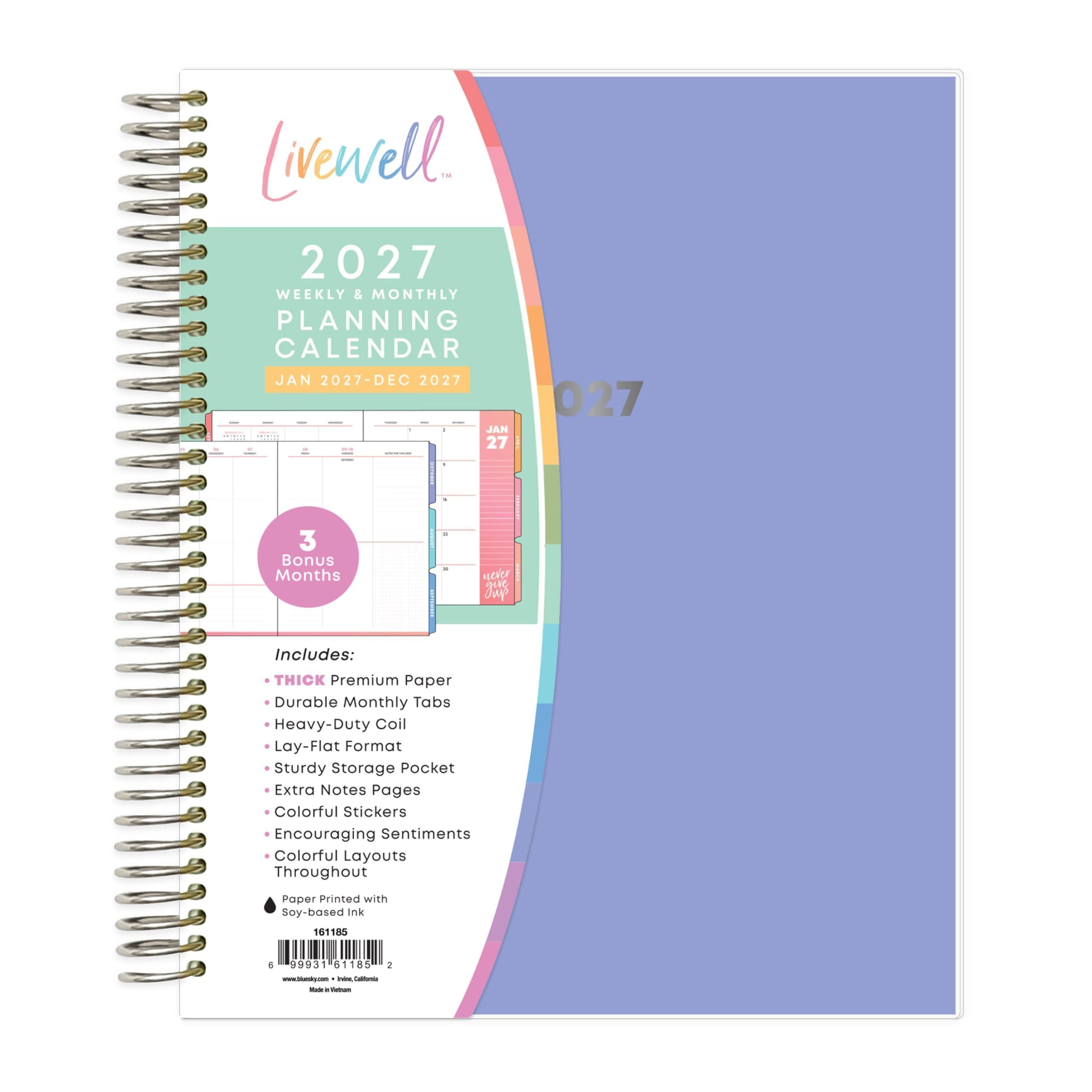 Evenwell™ 2027 WEEKLY & MONTHLY PLANNING CALENDAR JAN 2027-DEC 2027

Bonus Months

Includes:
- THICK Premium Paper
- Durable Monthly Tabs
- Heavy-Duty Coil
- Lay-Flat Format
- Sturdy Storage Pocket
- Extra Notes Pages
- Colorful Stickers
- Encouraging Sentiments
- Colorful Layouts Throughout

Paper Printed with Soy-based Ink

161185

6

99931 61185

1

www.bloesky.com
