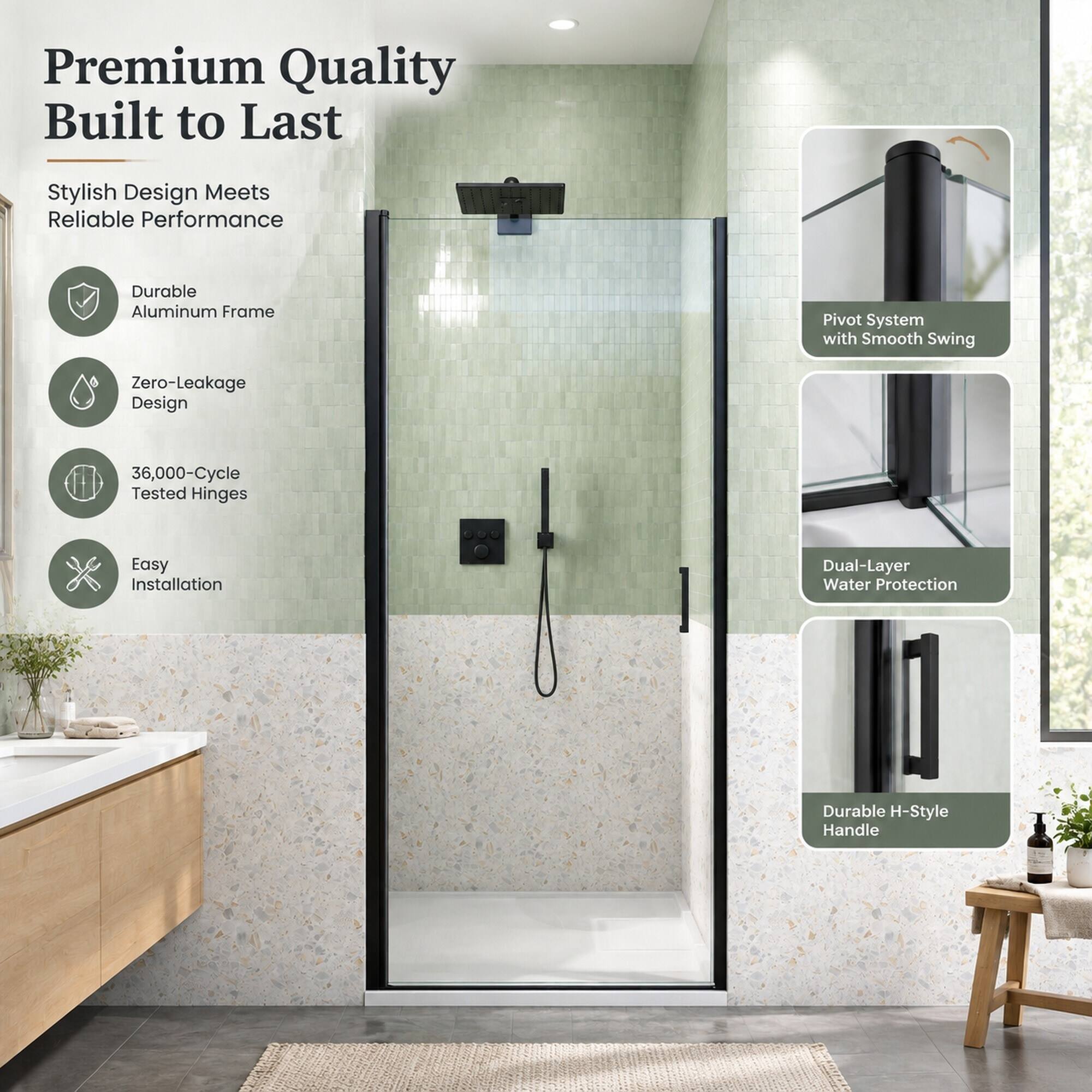 Premium Quality Built to Last

Stylish Design Meets Reliable Performance

- Durable Aluminum Frame
- Zero-Leakage Design
- 36,000-Cycle Tested Hinges
- Easy Installation
- Dual-Layer Water Protection
- Durable H-Style Handle

Pivot System with Smooth Swing