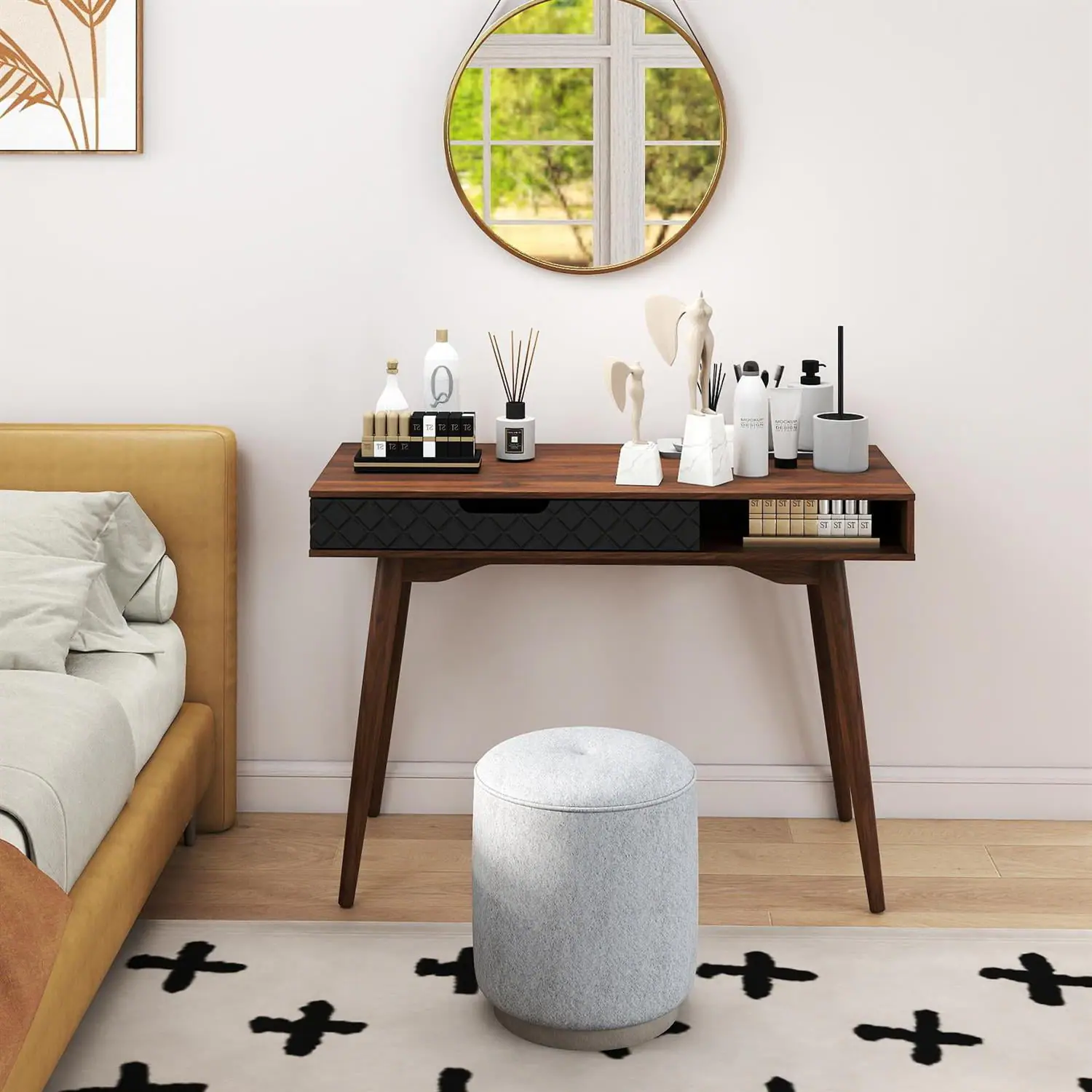 Alt View 1. Pefilos - Mid-Century Modern Computer Desk - Rubber Wood Legs Anti-Tip Device, Drawer & Open Compartment, Brown - Brown.