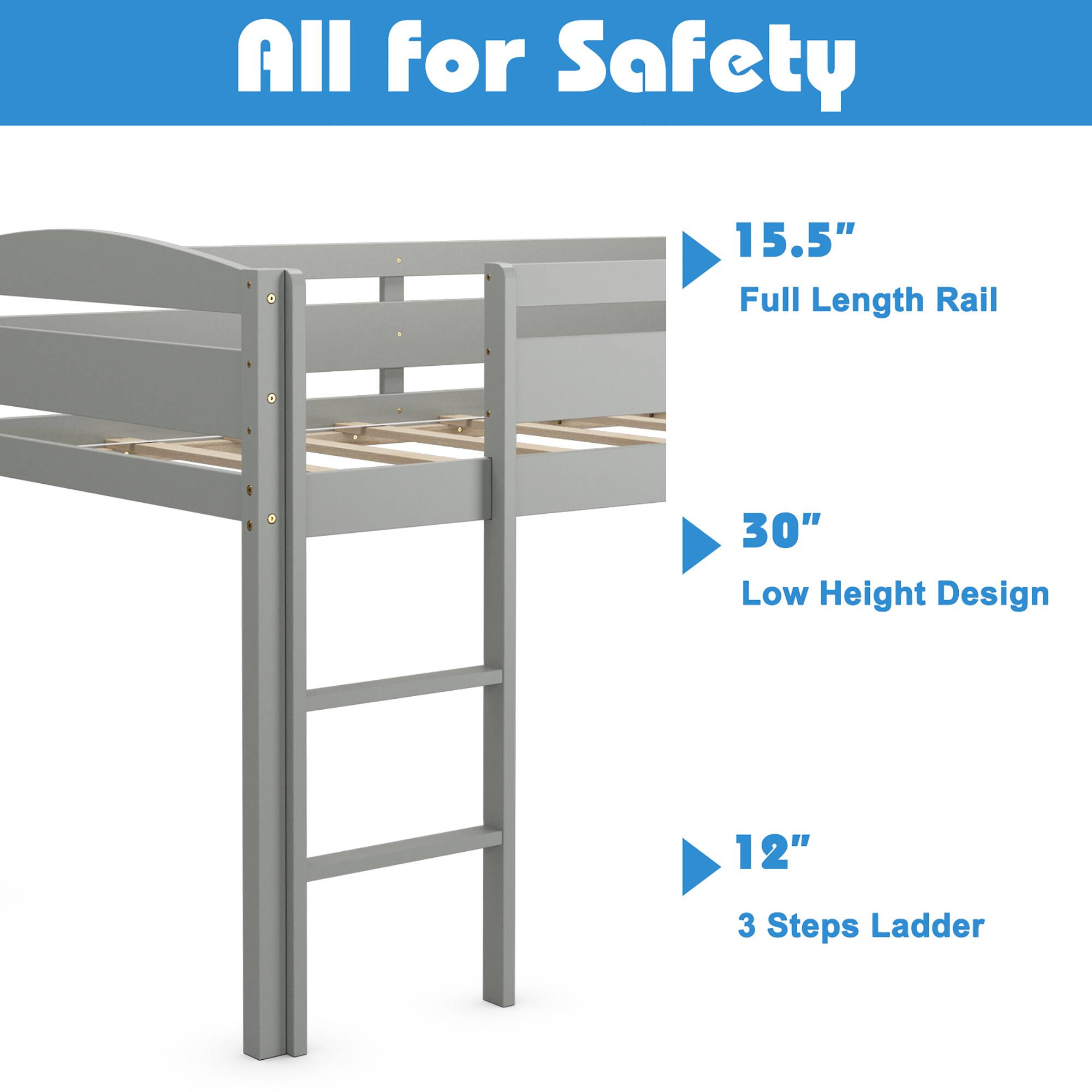 Alt View 7. Costway - Costway Twin Low Loft Bunk Junior Bed Bedroom Wooden Guard Rail Ladder - Grey.