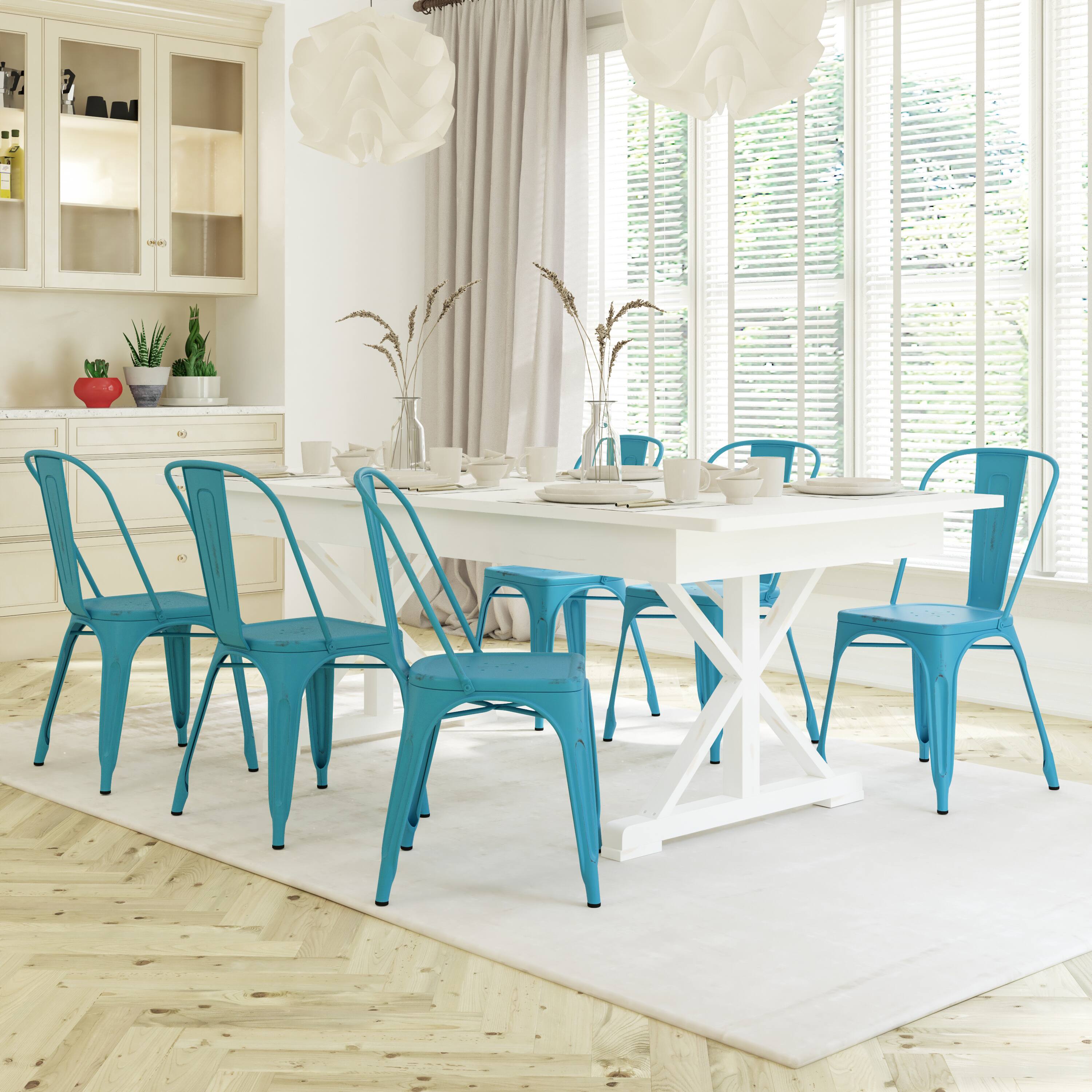 Alt View 4. Emma + Oliver - Commercial Grade Distressed Colorful Metal Indoor-Outdoor Stackable Chair - Blue.