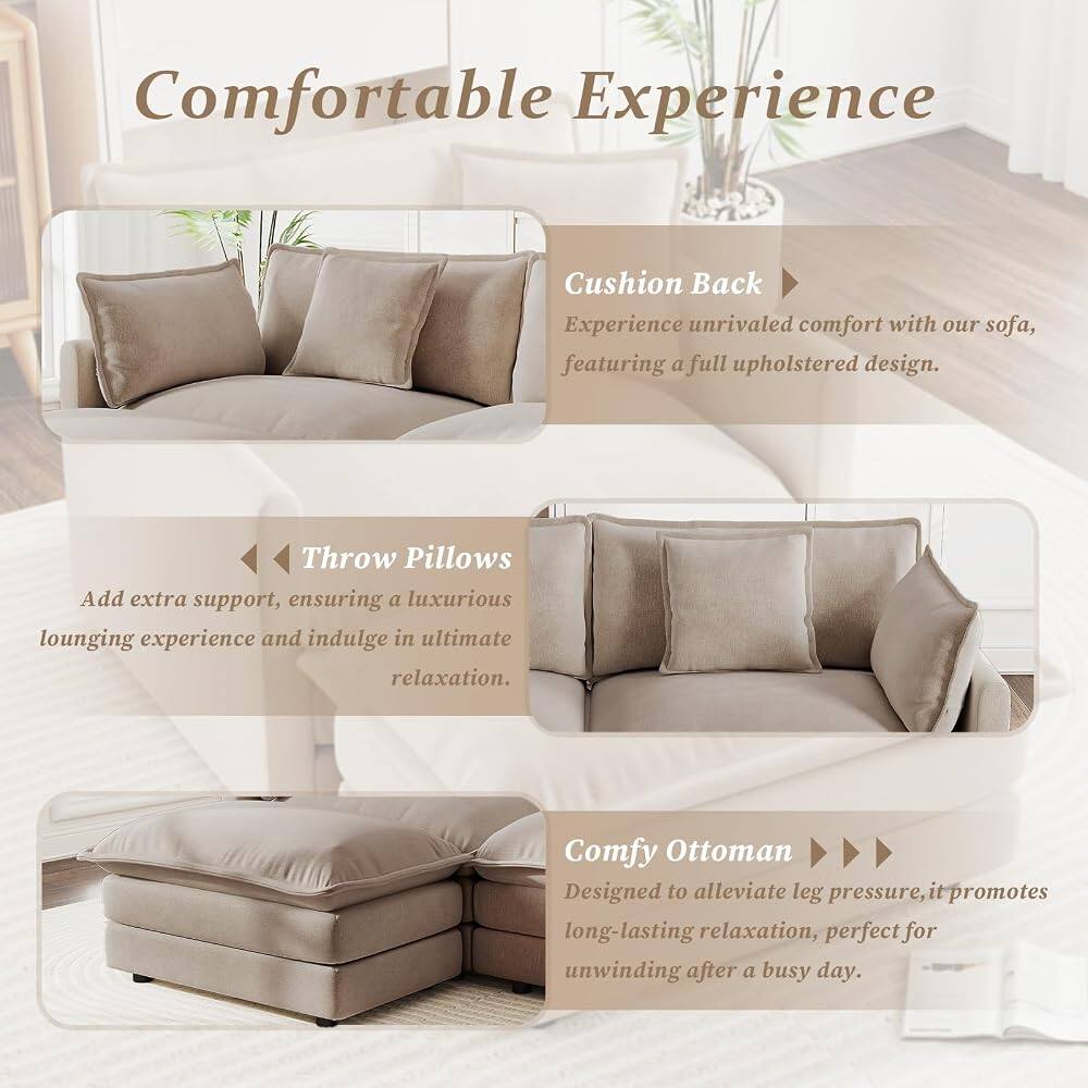 Comfortable Experience

Cushion Back
Experience unrivaled comfort with our sofa, featuring a full upholstered design.

Throw Pillows
Add extra support, ensuring a luxurious lounging experience and indulge in ultimate relaxation.

Comfy Ottoman
Designed to alleviate leg pressure, it promotes long-lasting relaxation, perfect for unwinding after a busy day.
