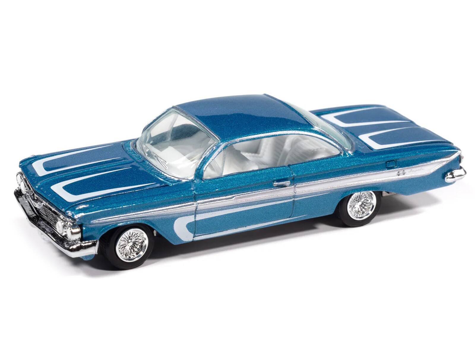 Alt View 1. Johnny Lightning - 1961 Chevrolet Impala SS 409 Blue Metallic with White Stripes and Interior 1/64 Diecast Model Cars by Johnny Lightning.