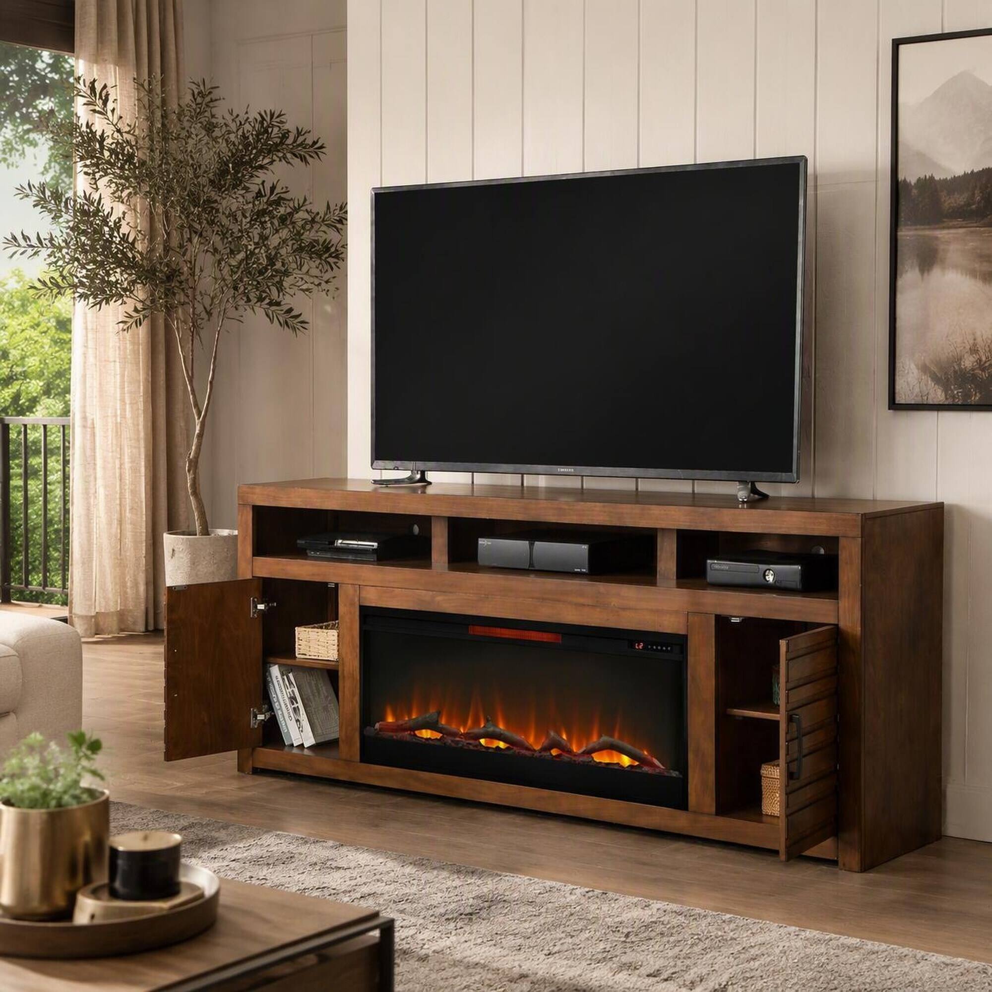 Back. RYHNUYNE - 78 Inch Sausalito Fireplace TV Stand, Fits Up To 90 Inch TVs For Modern Living Room Media Storage Warm Ambience - Brown.
