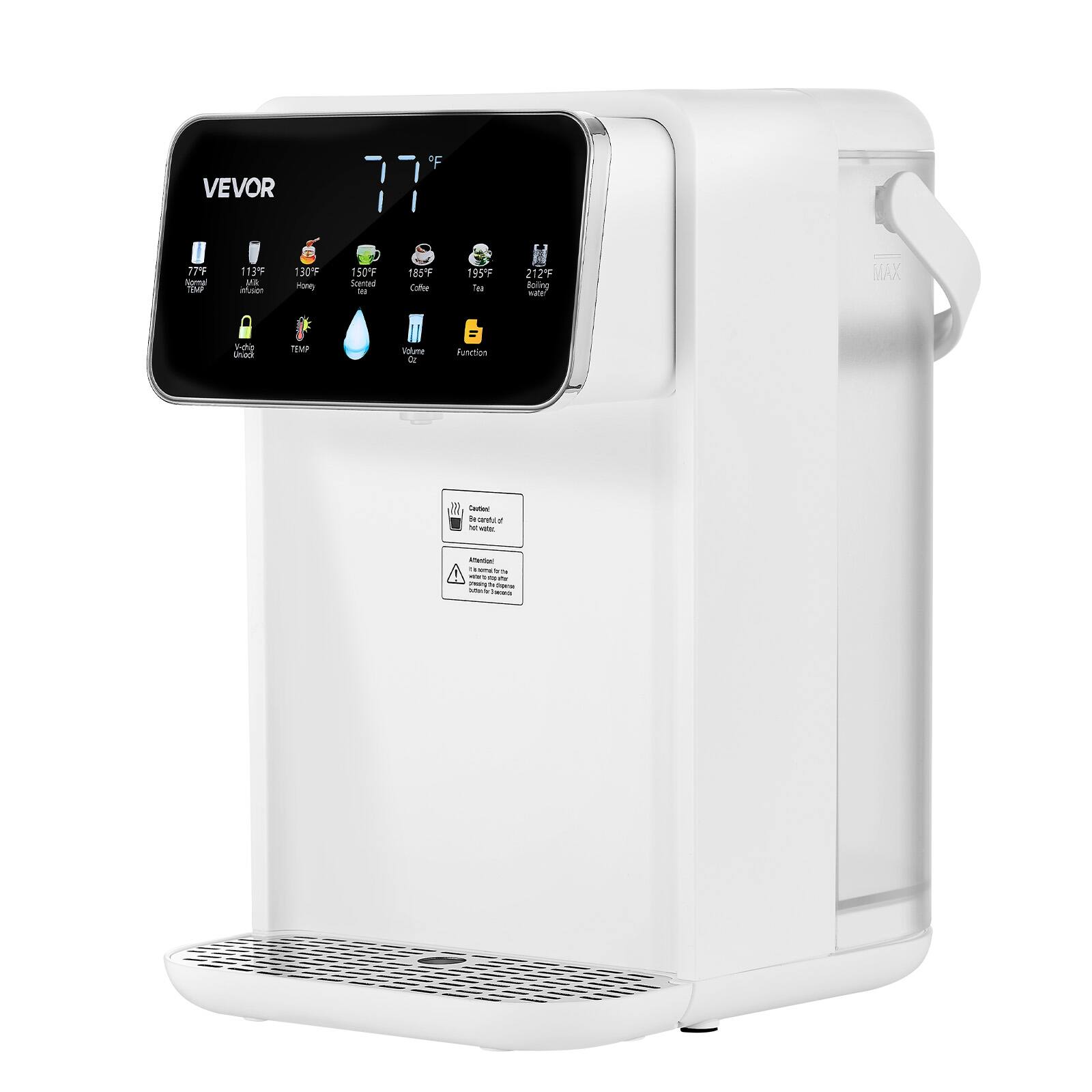 VEVOR

77°F Normal
113°F Milk
130°F Honey
150°F Scented Tea
185°F Coffee
195°F Tea
212°F Boiling Water

MAX

Vida Unioch

TEMP
Volume 0g
Function

Caution: Be careful of hot water
Attention: 1. Do not touch the heating element
2. Do not fill the water tank with hot water