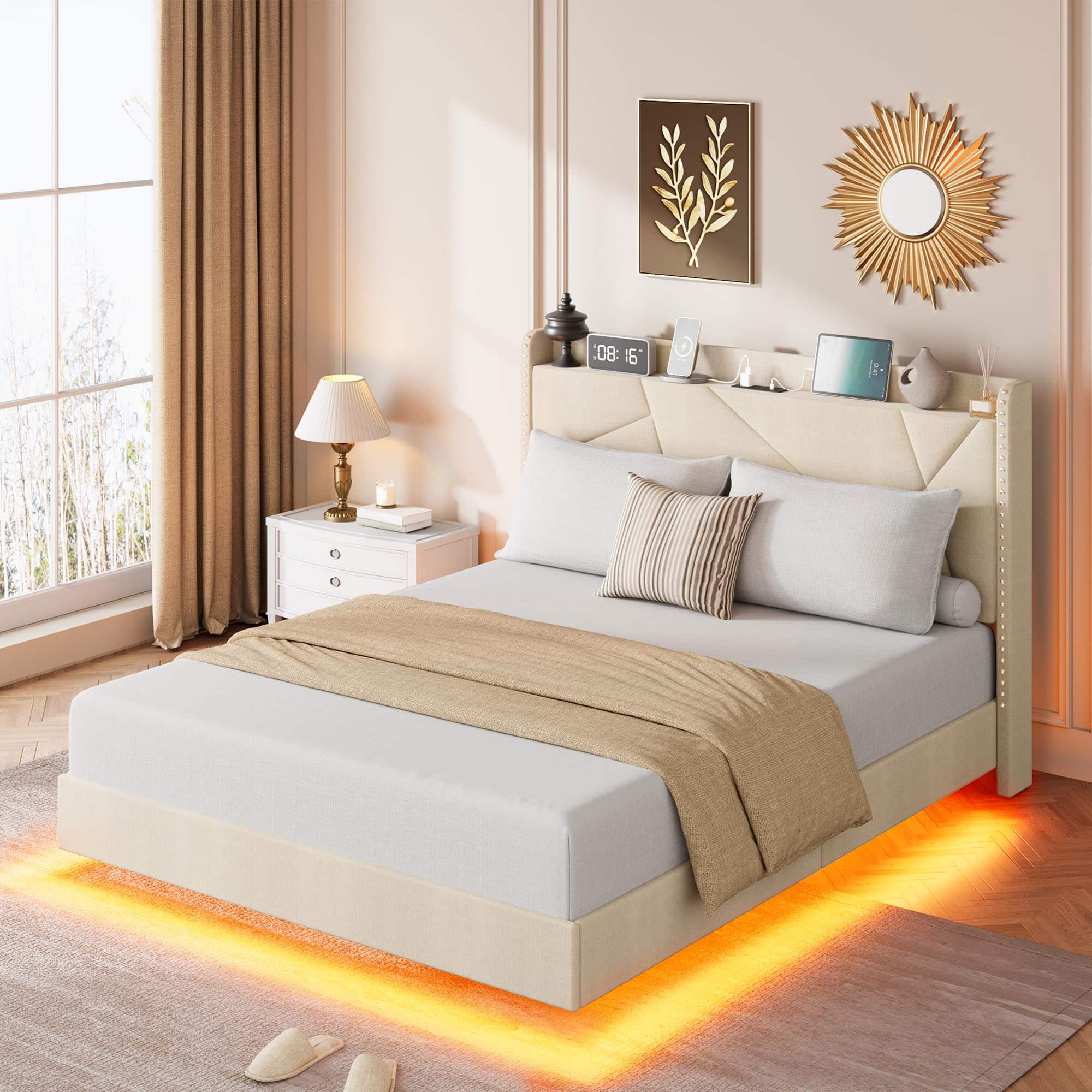 Acekool - Full Size Floating Bed Frame, Suspended Bed with RGB LED Lights and Charging Station, Upholstered Bed Frame - Beige
