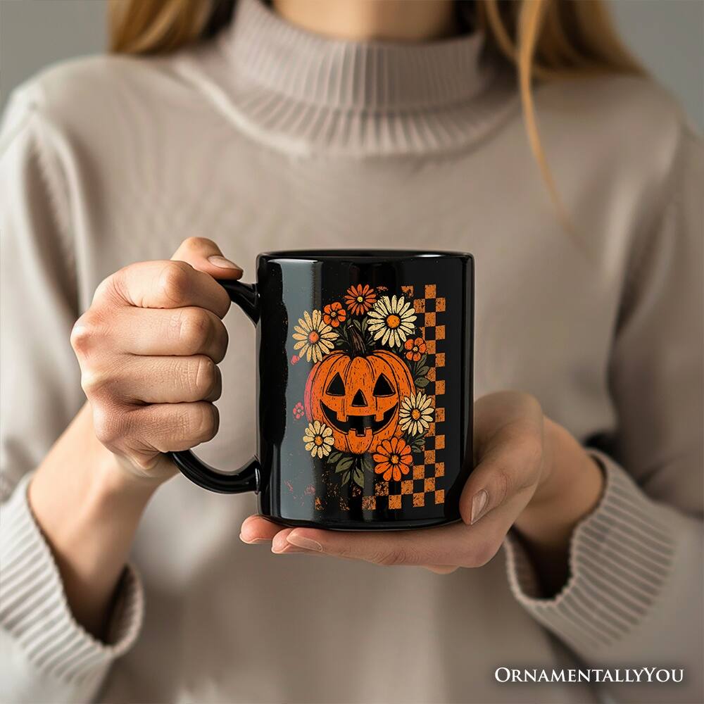 Left. OrnamentallyYou - Checkered Floral Pumpkin Mug, Retro Preppy Halloween Gift for Spooky Season Vibes - Black.