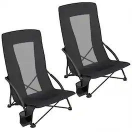 Songmics Home - Set of 2 Portable Beach Chairs for Adults, Max. Load 330 lb Each, High Backrest, Cup Holder, Lightweight, Heavy-Duty - Black
