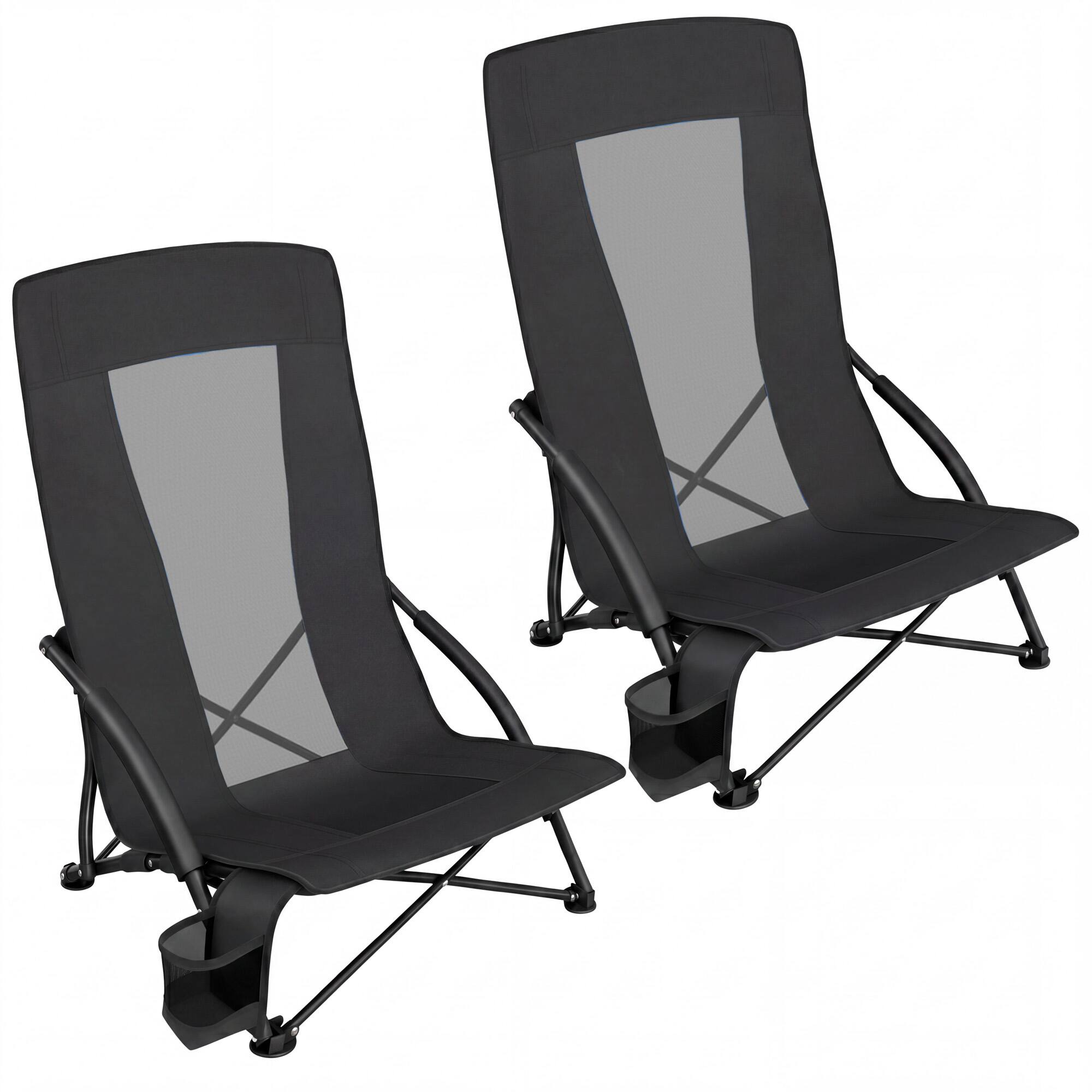 Front. Songmics Home - Set of 2 Portable Beach Chairs for Adults, Max. Load 330 lb Each, High Backrest, Cup Holder, Lightweight, Heavy-Duty - Black.