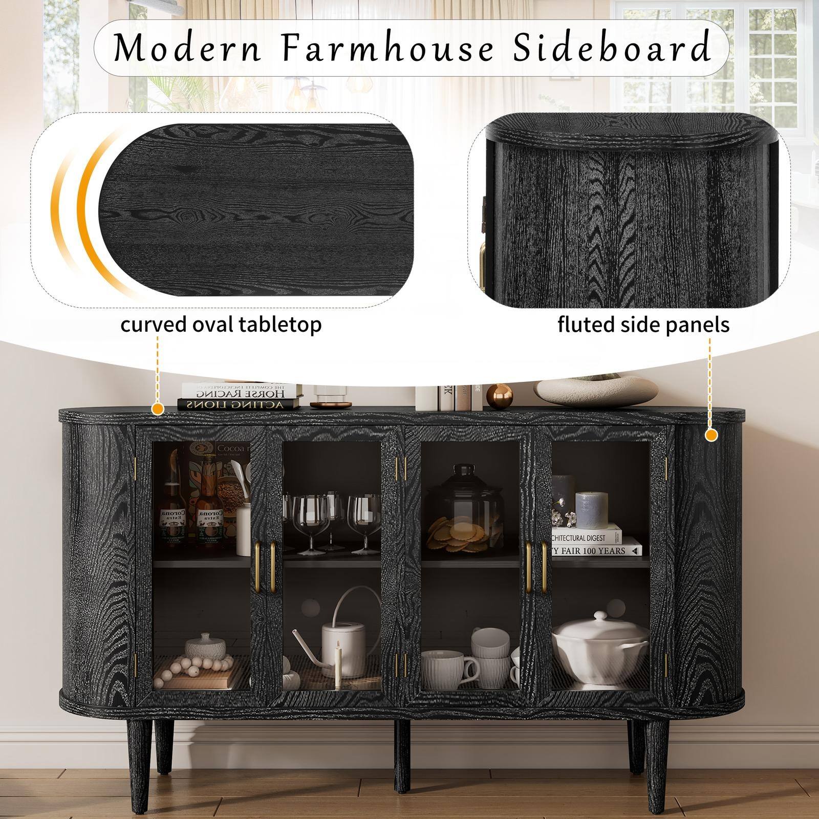 Modern Farmhouse Sideboard

- curved oval tabletop
- fluted side panels

RACING HORSE LIONS ACTING

d HIFSRA DAS a FAIR 100 YEARS