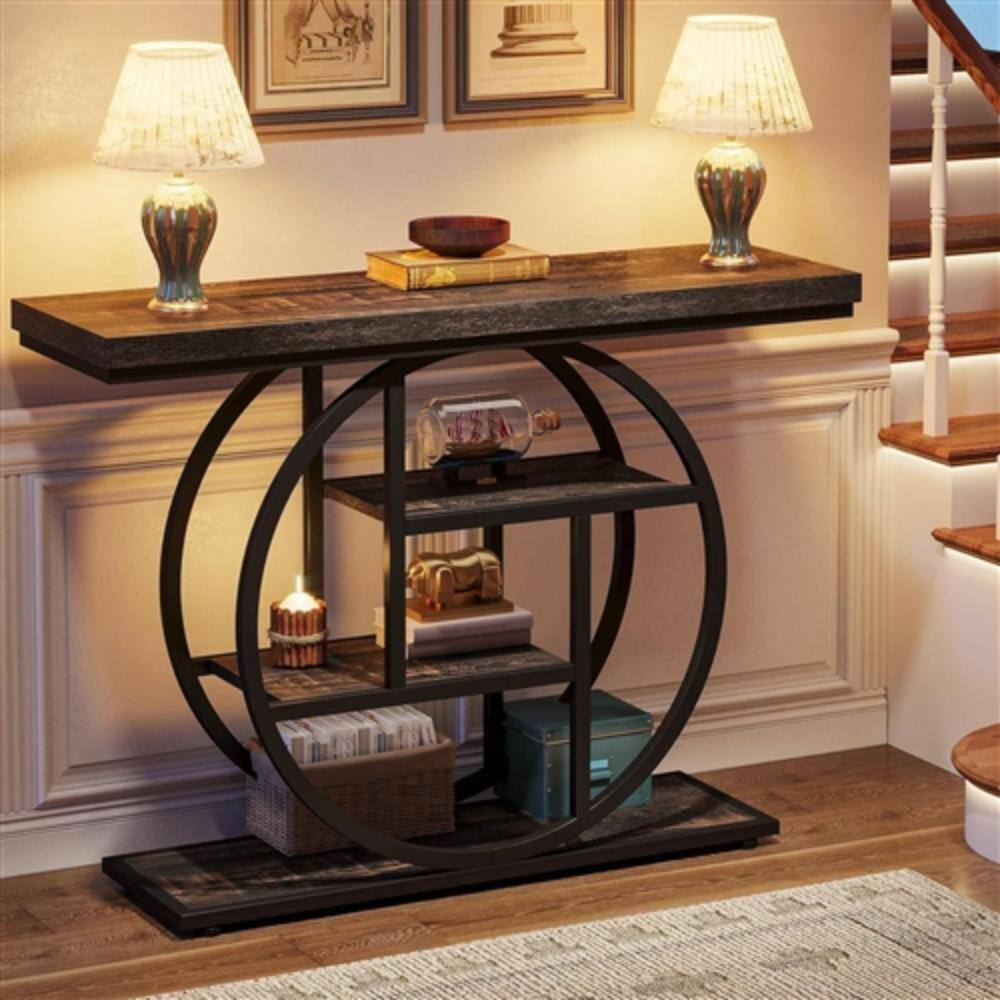 Alt View 1. Hivvago - Modern 41-inch Circular Base Foyer Entryway Table with Black Wood Finish Shelves - Black.
