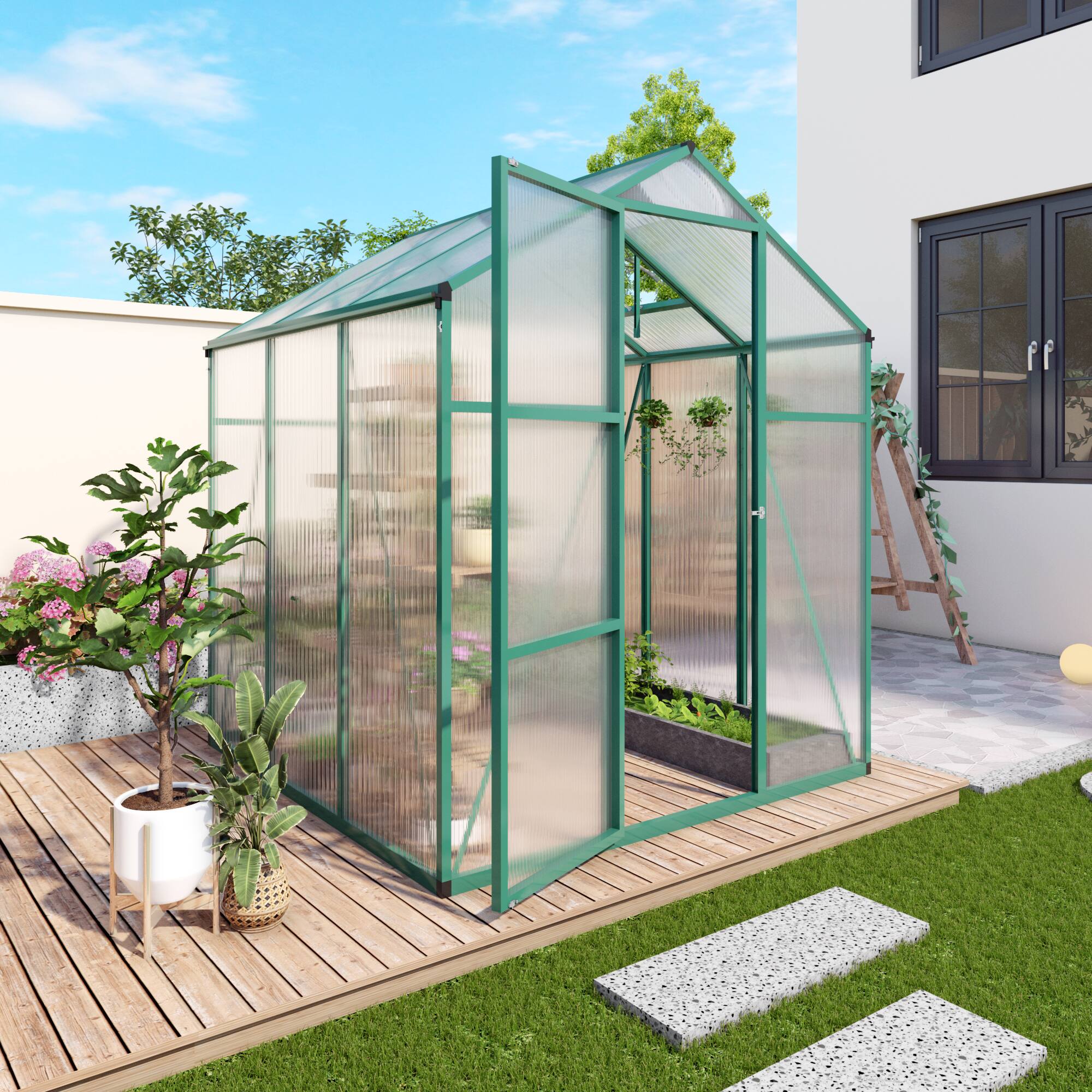Back. Mondawe - 6x6 FT Polycarbonate Greenhouse with Raised Base and Anchor Aluminum, Gain Height Windproof Aluminum - Green.