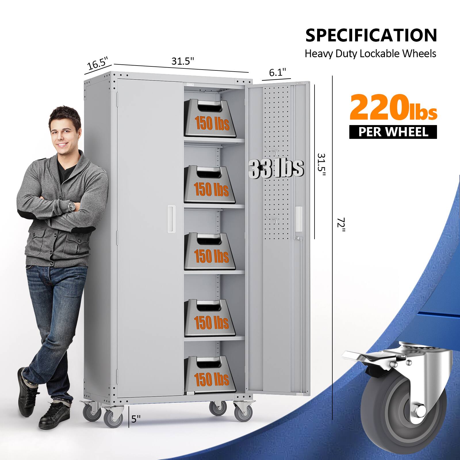 16.5"  
31.5"  
6.1"  
33 lbs  
31.5"  
72"  
5"  

SPECIFICATION  
Heavy Duty Lockable Wheels  
220 lbs PER WHEEL