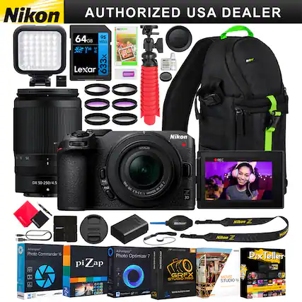 Nikon AUTHORIZED USA DEALER
- Nikon DX 50-250/4.5
- Nikon Z
- 64GB Lexar 633x
- 95 MB/s
- Screen Guard
- 3.5" LCD
- Nikon Z Strap
- Ashampoo Photo Commander 16
- piZap
- Ashampoo Photo Optimizer 7
- GRFX STUDIO PRO
- PixTeller STUDIO MOVIE 16
- www.autofk.com