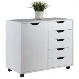 FurniFact - Composite Wood Office Storage Cabinet with Drawers and Locking Casters - White
