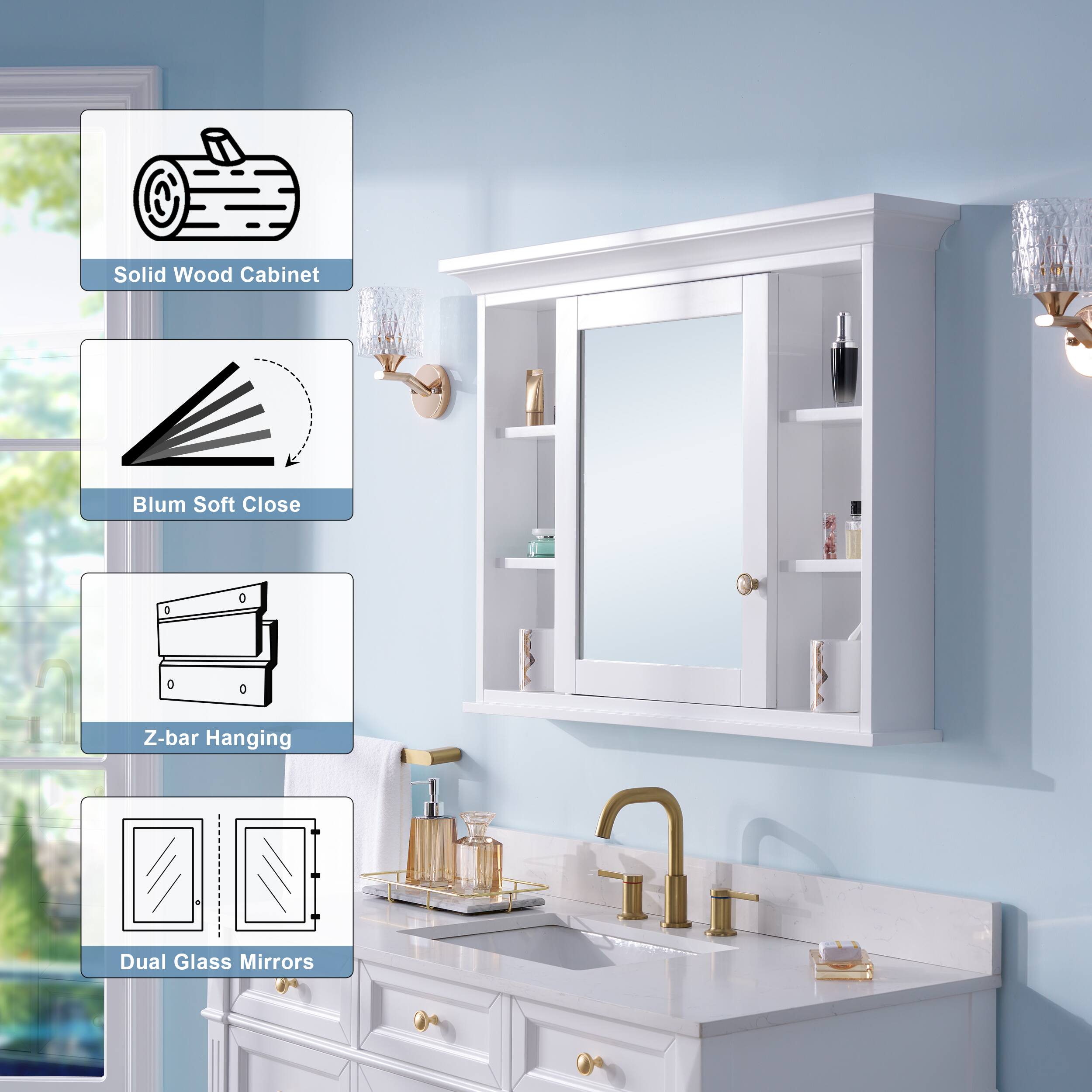 Solid Wood Cabinet Blum Soft Close Z-bar Hanging Dual Glass Mirrors