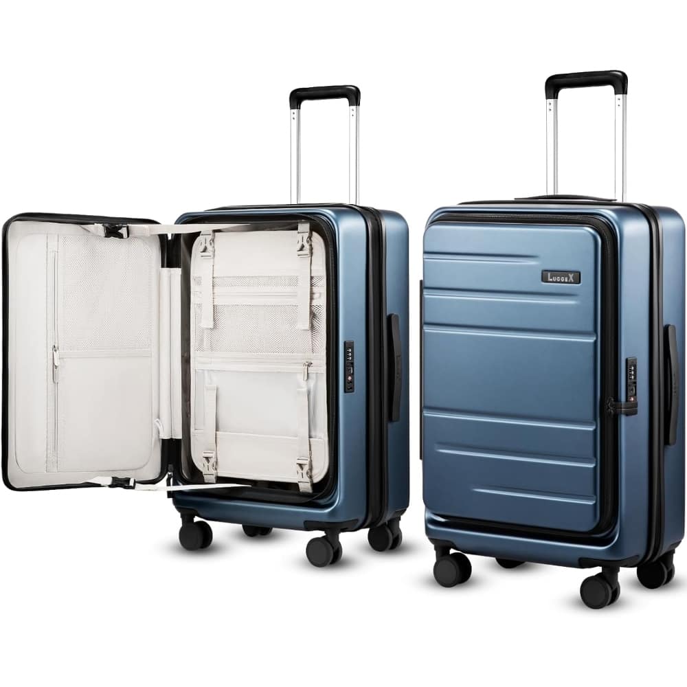 LUGGEX - 24 Inch Checked Luggage, Opening Expandable Polycarbonate FLO Hardside Suitcase with TSA Approved Lock - FX-Core - Blue