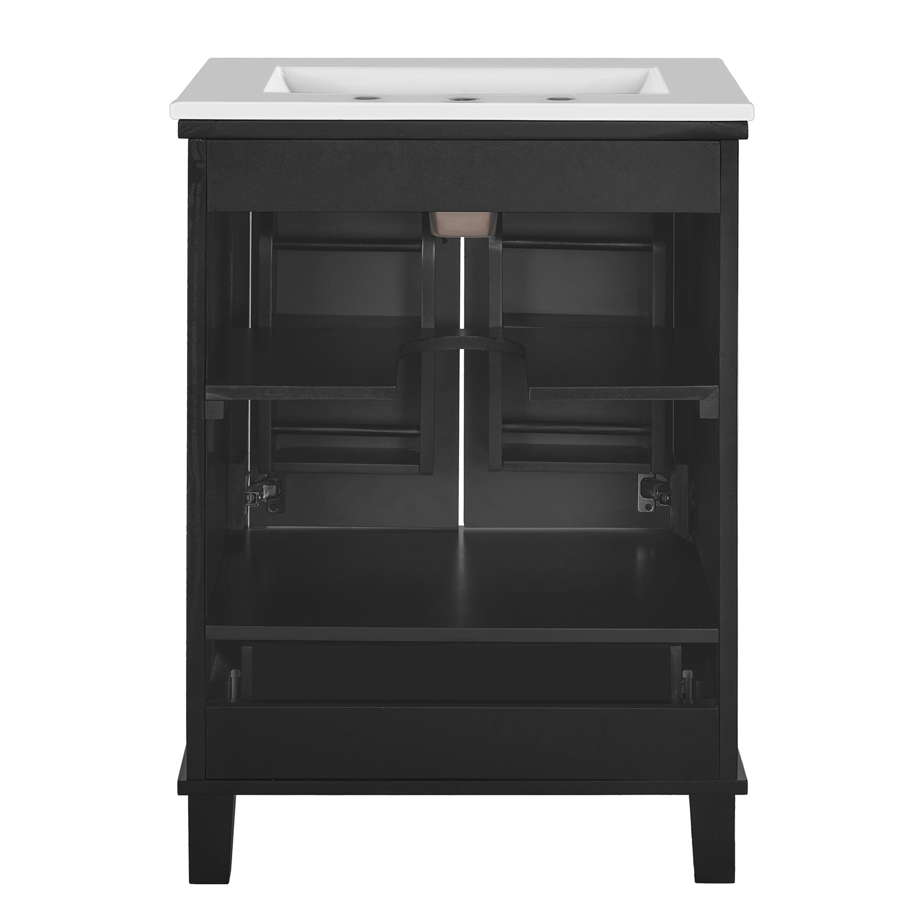 Back. Boyel Living - 24 Inch Black Bathroom Vanity with Ceramic Sink, 2 Soft Close Doors, 1 Divided Drawer, Dual Door Shelves - Black.