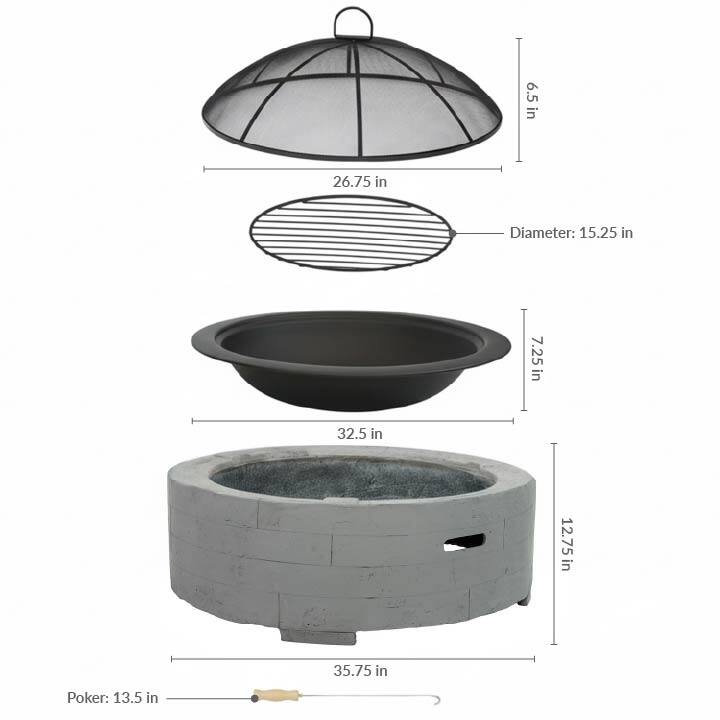 6.5 in  
26.75 in  
Diameter: 15.25 in  
7.25 in  
32.5 in  
12.75 in  
35.75 in  
Poker: 13.5 in