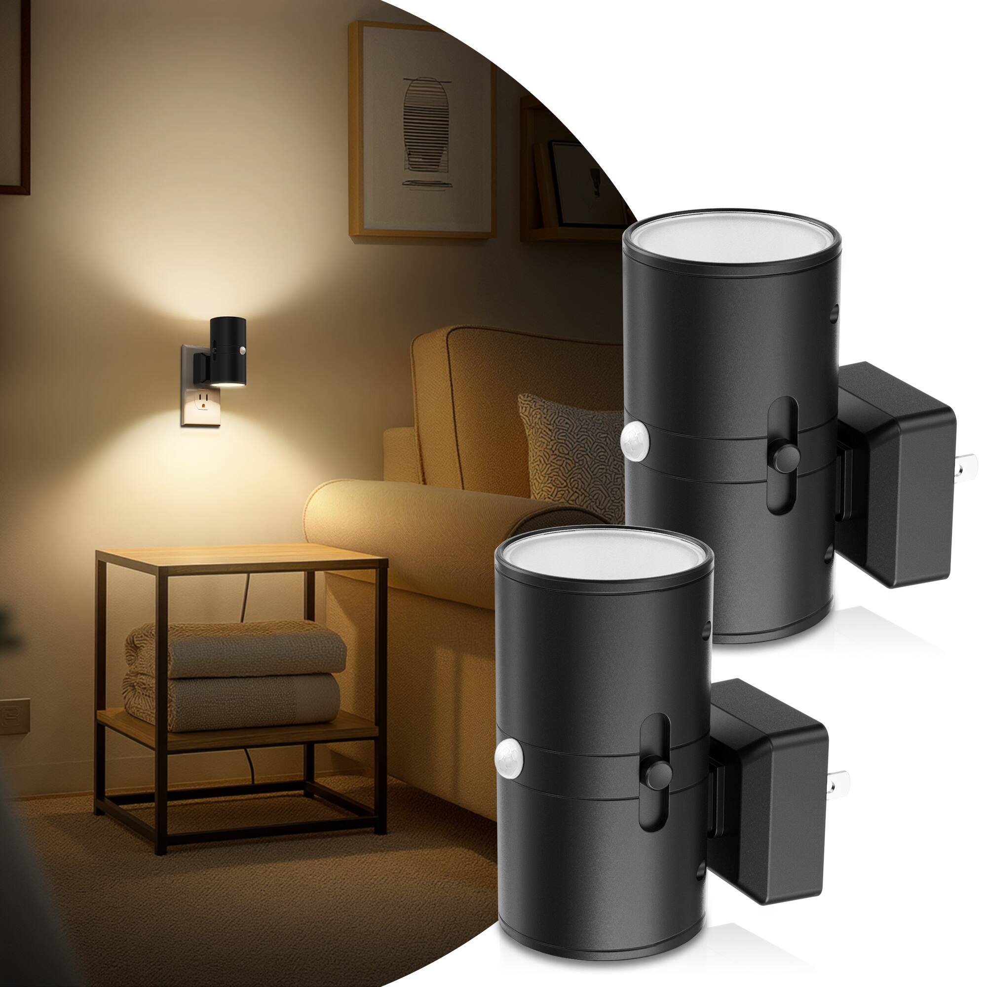 Angle. Jandcase - JANDCASE 2-Pack 1W Plug-in Motion Sensor Night Light, 3000K Warm Glow, Round Cylinder Design, , ON/OFF/AUTO Modes - Black.