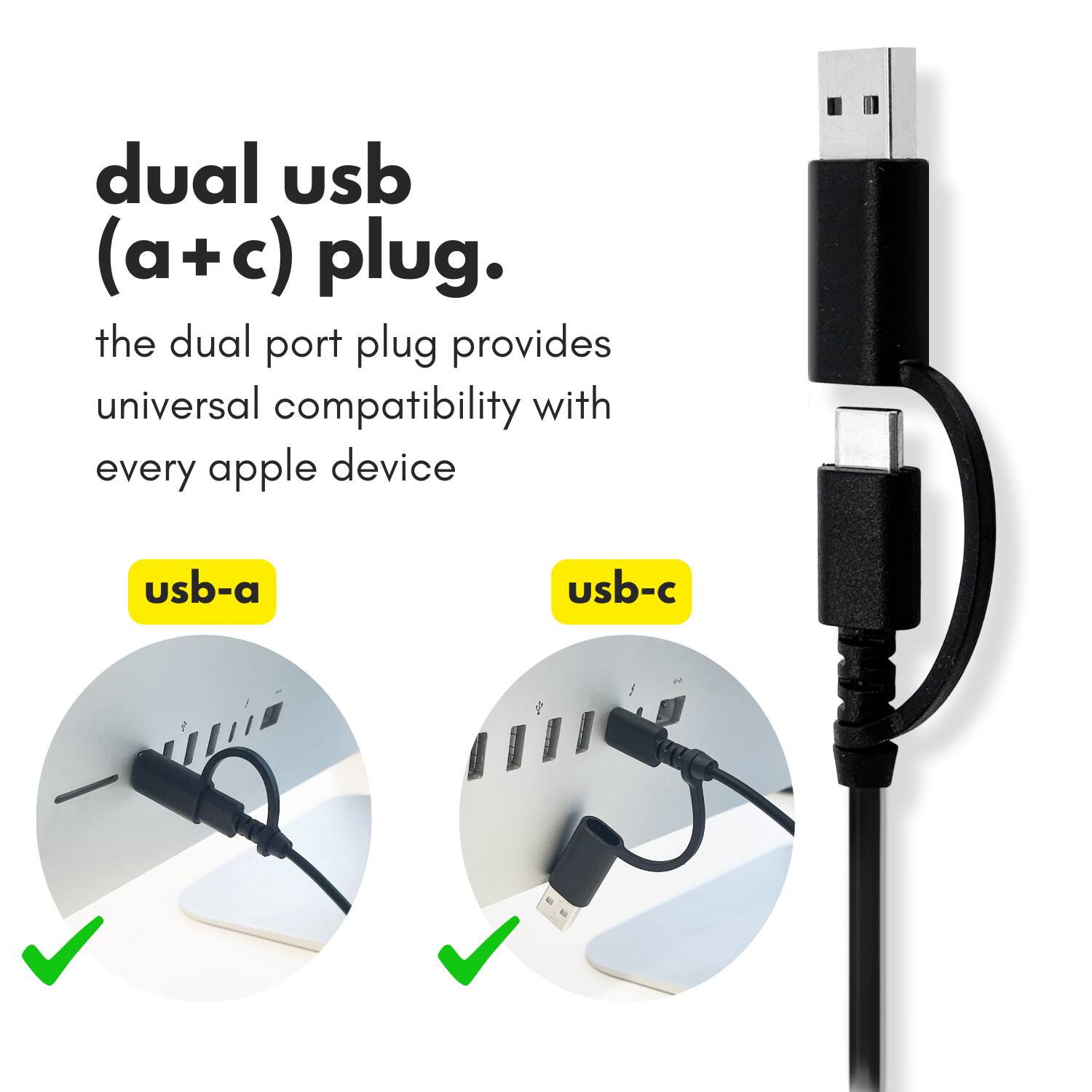 dual usb (a + c) plug.  
the dual port plug provides universal compatibility with every apple device  
usb-a  
usb-c