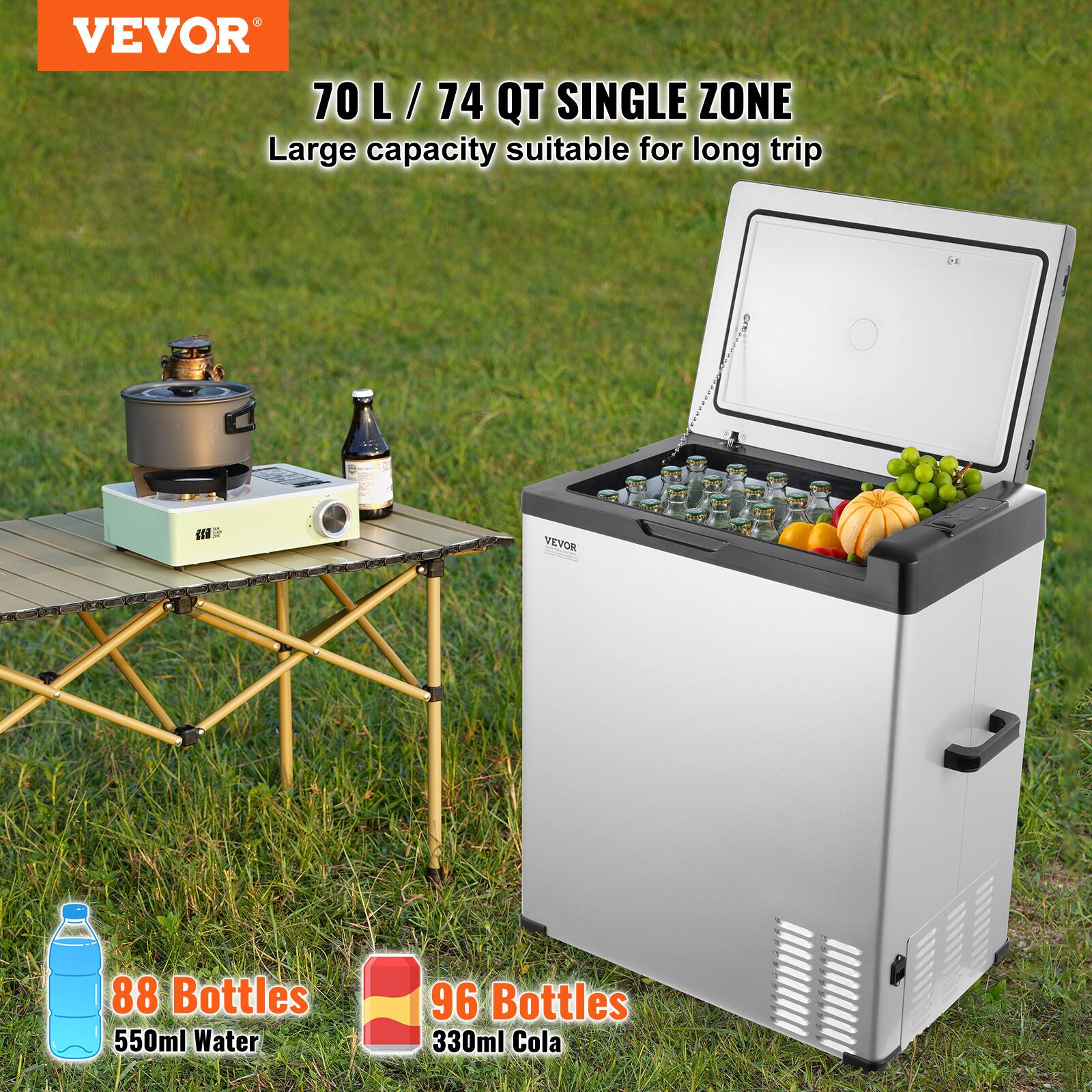 VEVOR 70 L/74 QT SINGLE ZONE Large capacity suitable for long trip
VEVOR 88 Bottles 550ml Water
VEVOR 96 Bottles 330ml Cola