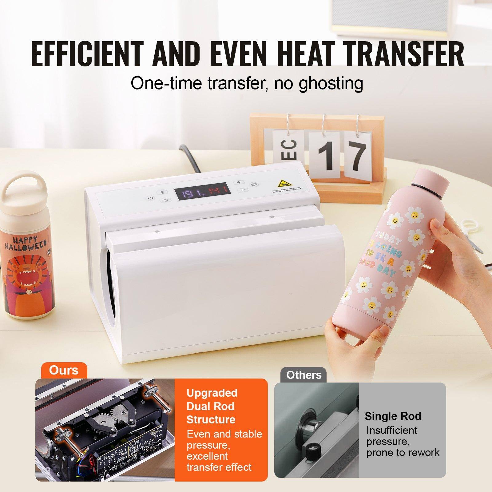 EFFICIENT AND EVEN HEAT TRANSFER  
One-time transfer, no ghosting  

Ours  
Upgraded Dual Rod Structure  
Even and stable pressure, excellent transfer effect  

Others  
Single Rod  
Insufficient pressure, prone to rework