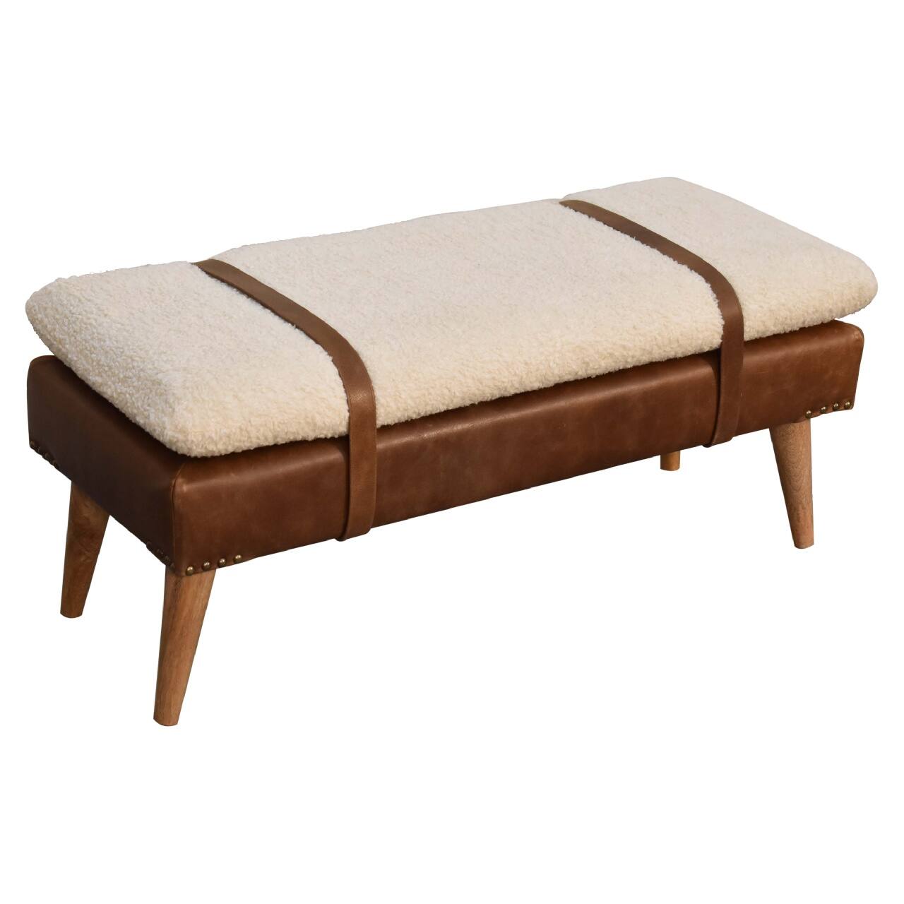Alt View 1. Artisan Furniture - Artisan Furniture Solid Wood Boucle Buffalo Hide Leather Bench, Upholstered, Brown & Cream - Brown & Cream.