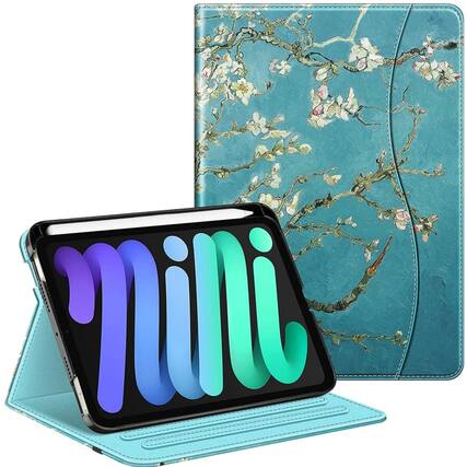 Front. Kitcheniva - Protective Folio Case for iPad Mini 7 2024 Smart Stand Cover With Pencil Holder Blossom - Blue Blossom.