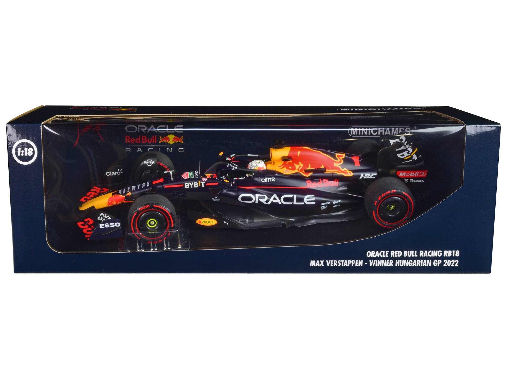 MINICHAMPS  
1:18  
ORACLE Red Bull RACING  
RB18  
MAX VERSTAPPEN - WINNER HUNGARIAN GP 2022  

Sponsors:  
- Claro  
- BYBIT  
- Mobil 1  
- ESSO  
- clirx  
- HRC  
- Tezos  
- RAUCH  
- Oracle  
- PZEKO  
- KALICH  
- KI!BFSE  
- Tadoo  
- Red Bull  
- MINICHAMPS  
- 1:18