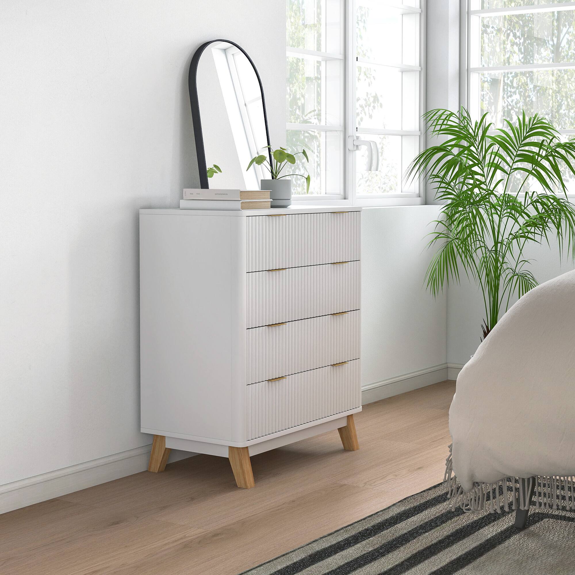 Alt View 8. Homcom - Fluted Dresser for Bedroom with 4 Drawers, 28" Wide Chest of Drawers with Gold Finger Pulls and 4 Wood Legs - White.