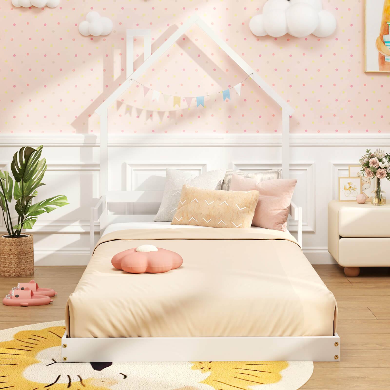 Back. Costway - Costway Twin Size Floor Bed for Kids with Chimney Headboard & Handrail White - White.