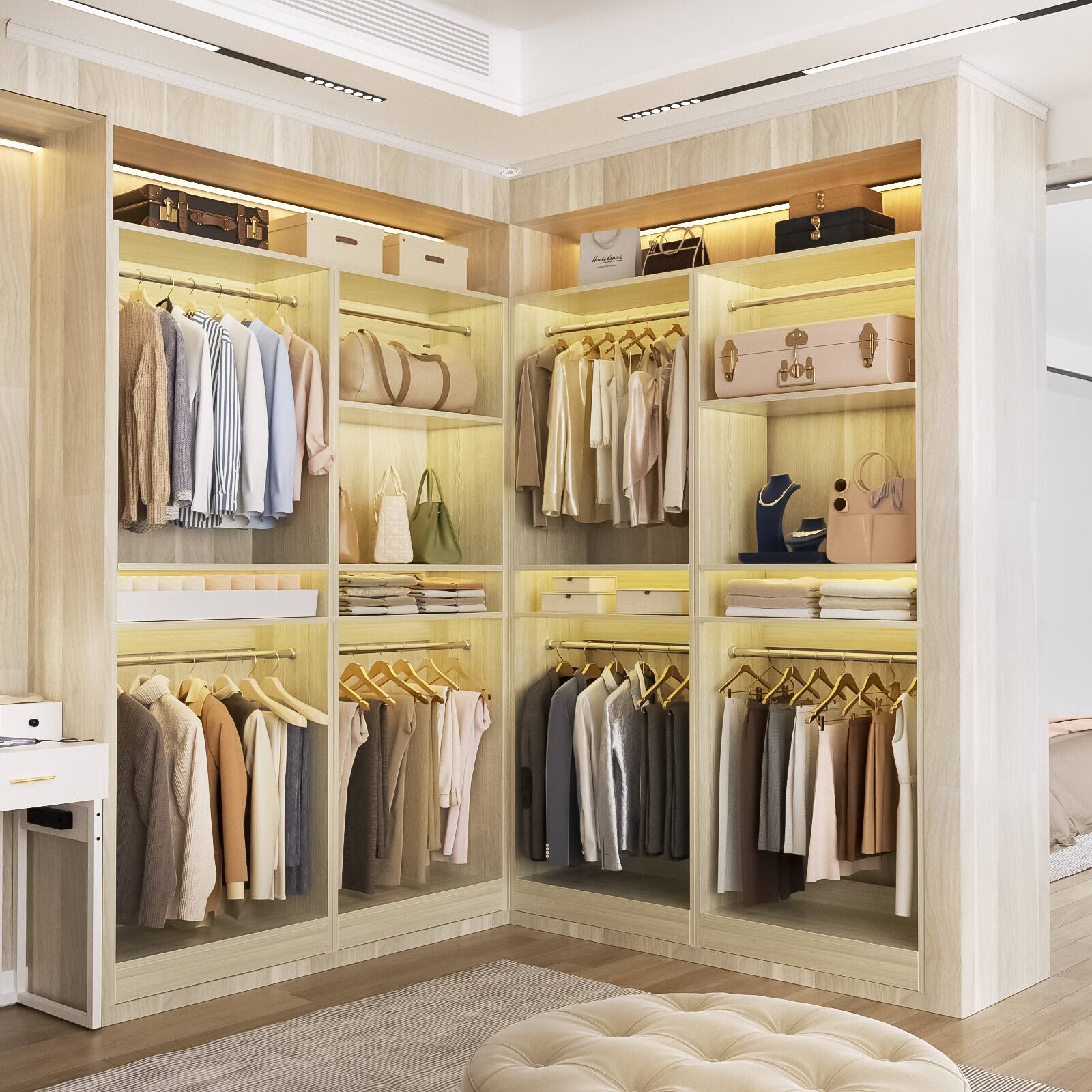 Alt View 2. Aheaplus - 50'' Closet Organizer System, Set of 2, Walk-in Closet Storage & Organizer with 4 Hanging Rods and Adjustable Shelves - Beige Oak.