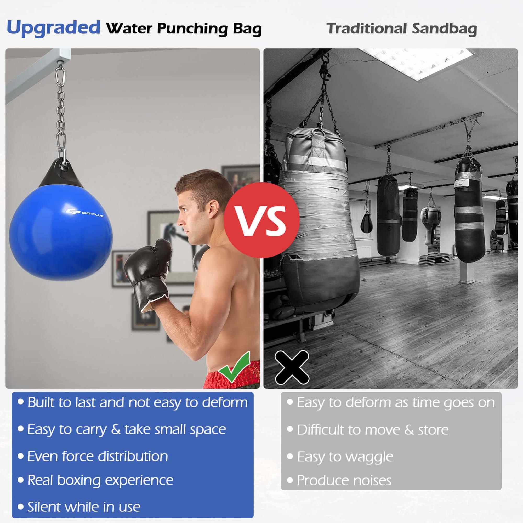 Upgraded Water Punching Bag  
Traditional Sandbag  

VS  

- Built to last and not easy to deform  
- Easy to carry & take small space  
- Even force distribution  
- Real boxing experience  
- Silent while in use  

- Easy to deform as time goes on  
- Difficult to move & store  
- Easy to wobble  
- Produce noises