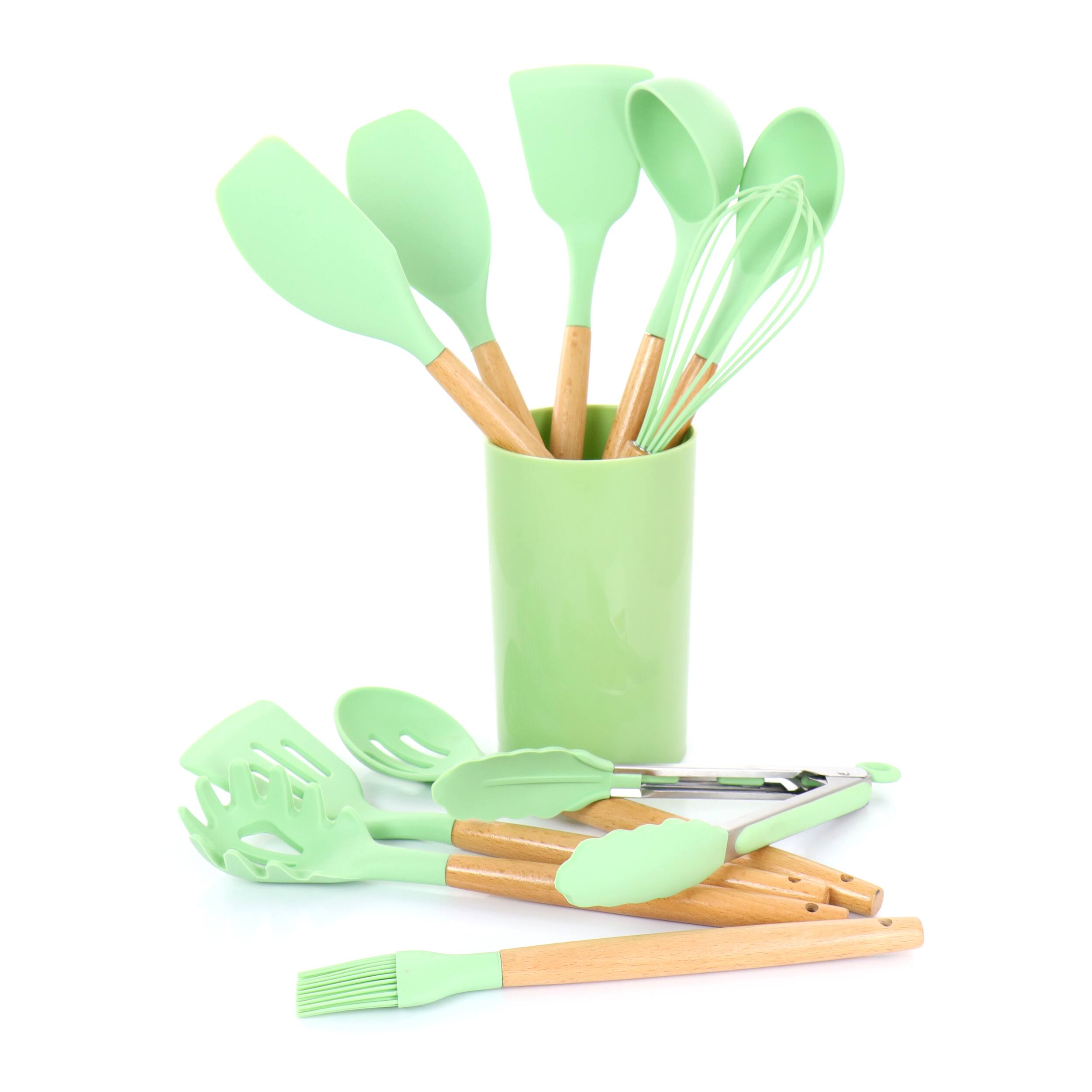 Alt View 1. MegaChef - MegaChef Mint Green Silicone and Wood Cooking Utensils, Set of 12 - Mint Green.