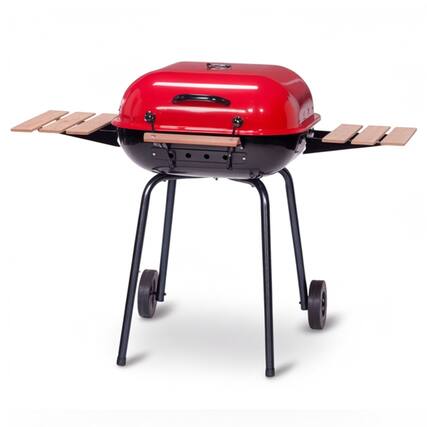Front. Americana Grills - Americana The Swinger Portable Charcoal BBQ Grill with Two Side Tables, Red.